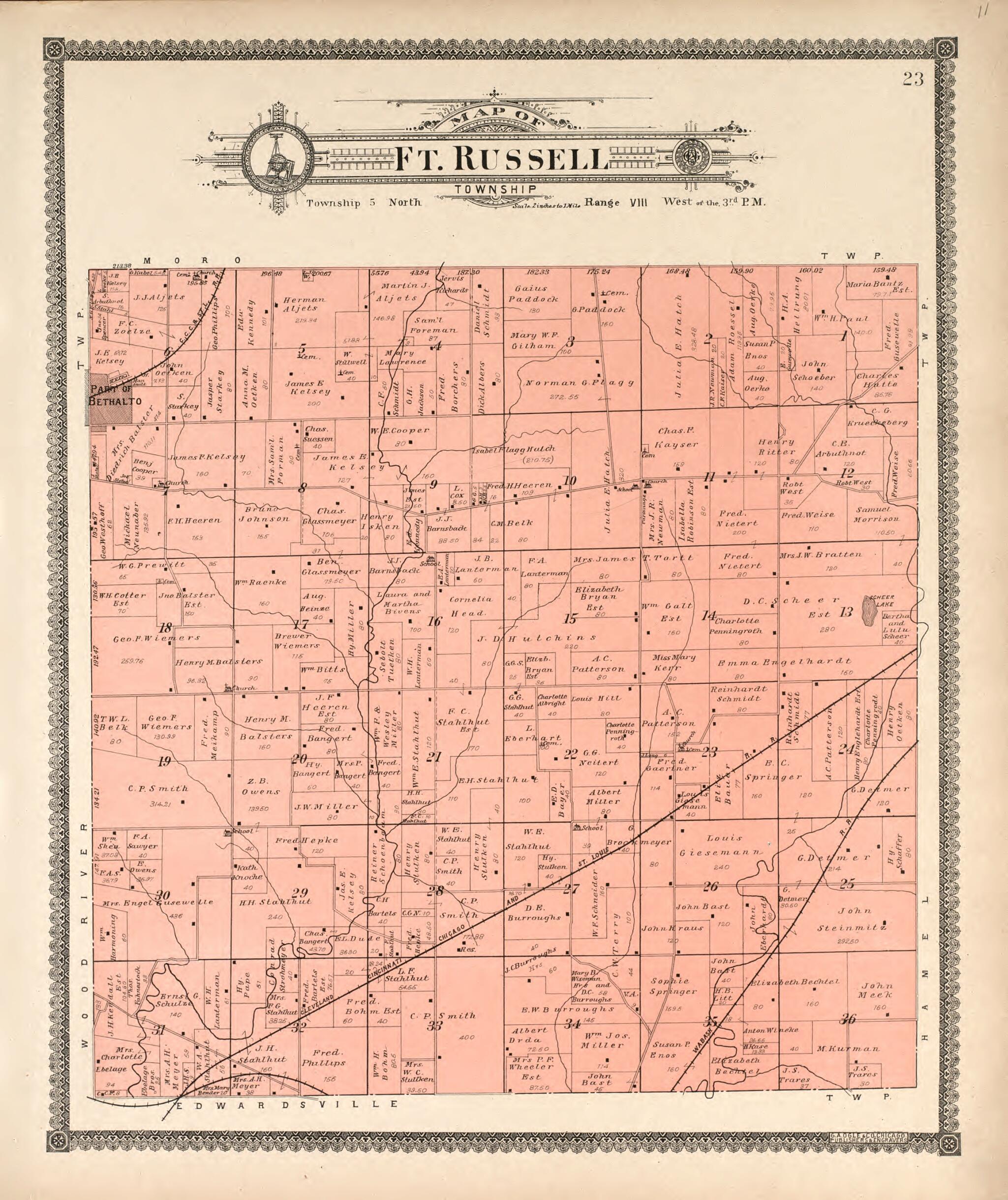 This old map of Ft. Russell Township from Standard Atlas of Madison County, Illinois from 1906 was created by Geo. A. Ogle & Co in 1906
