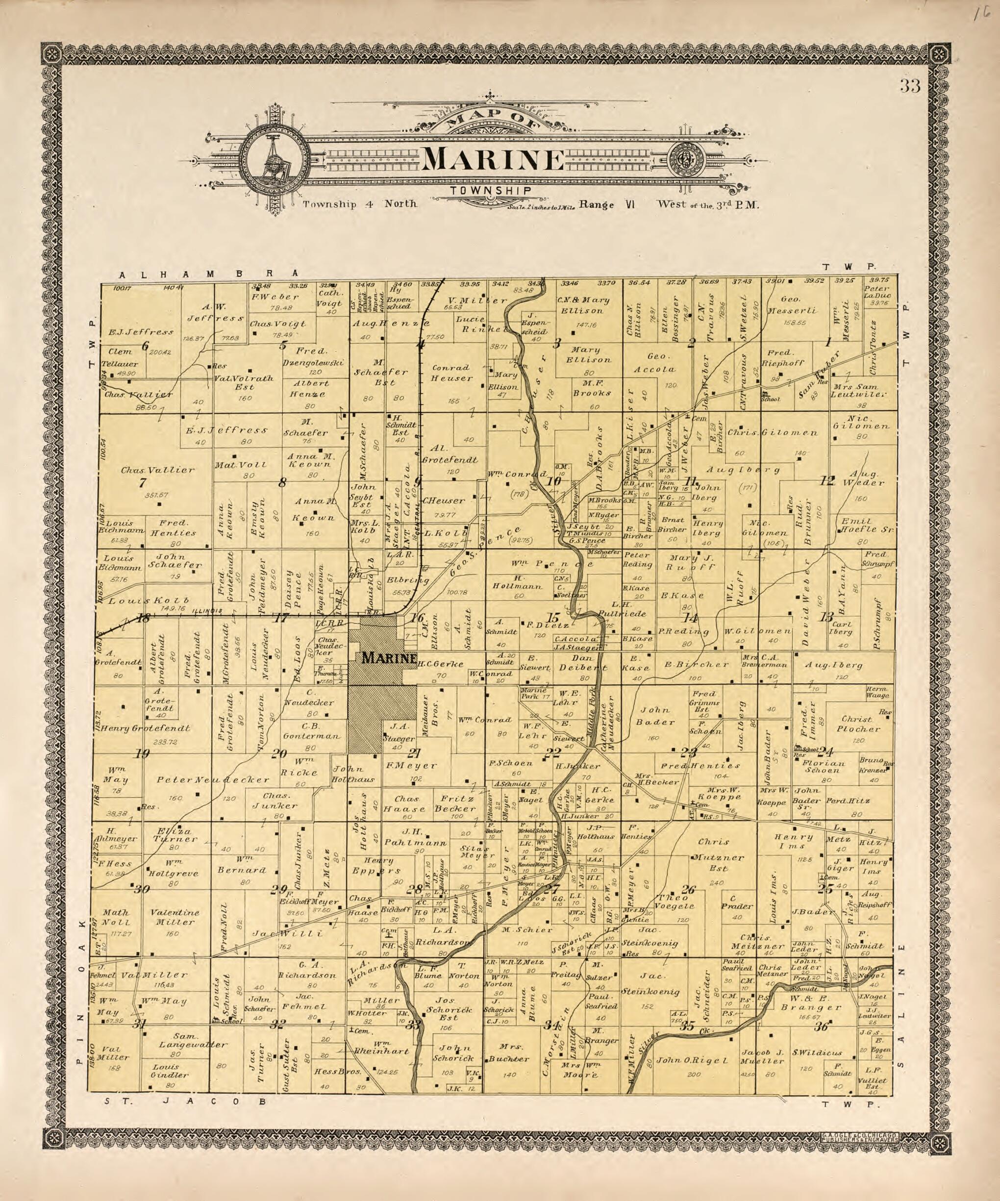 This old map of Marine Township from Standard Atlas of Madison County, Illinois from 1906 was created by Geo. A. Ogle & Co in 1906