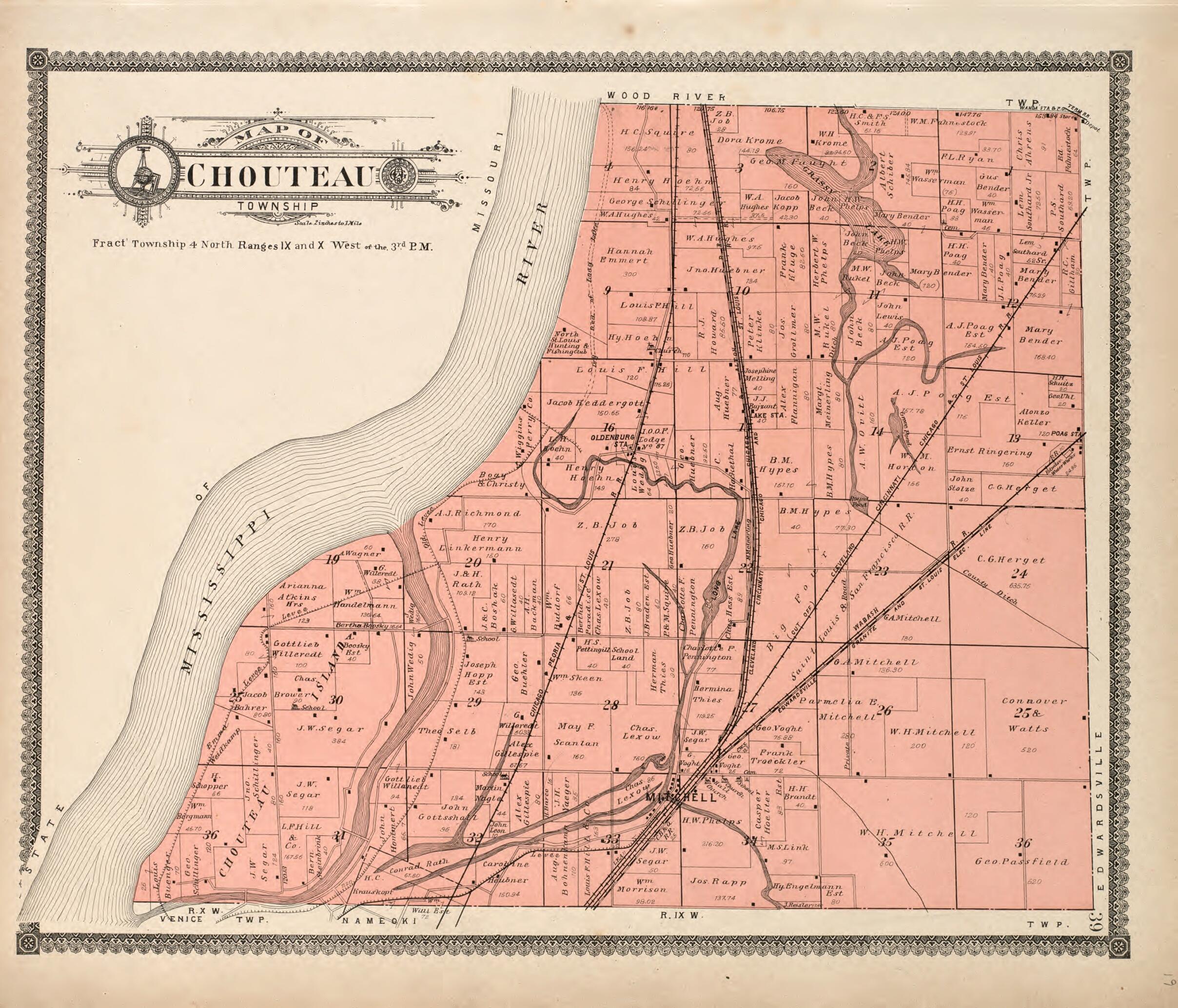 This old map of Chouteau Township from Standard Atlas of Madison County, Illinois from 1906 was created by Geo. A. Ogle & Co in 1906