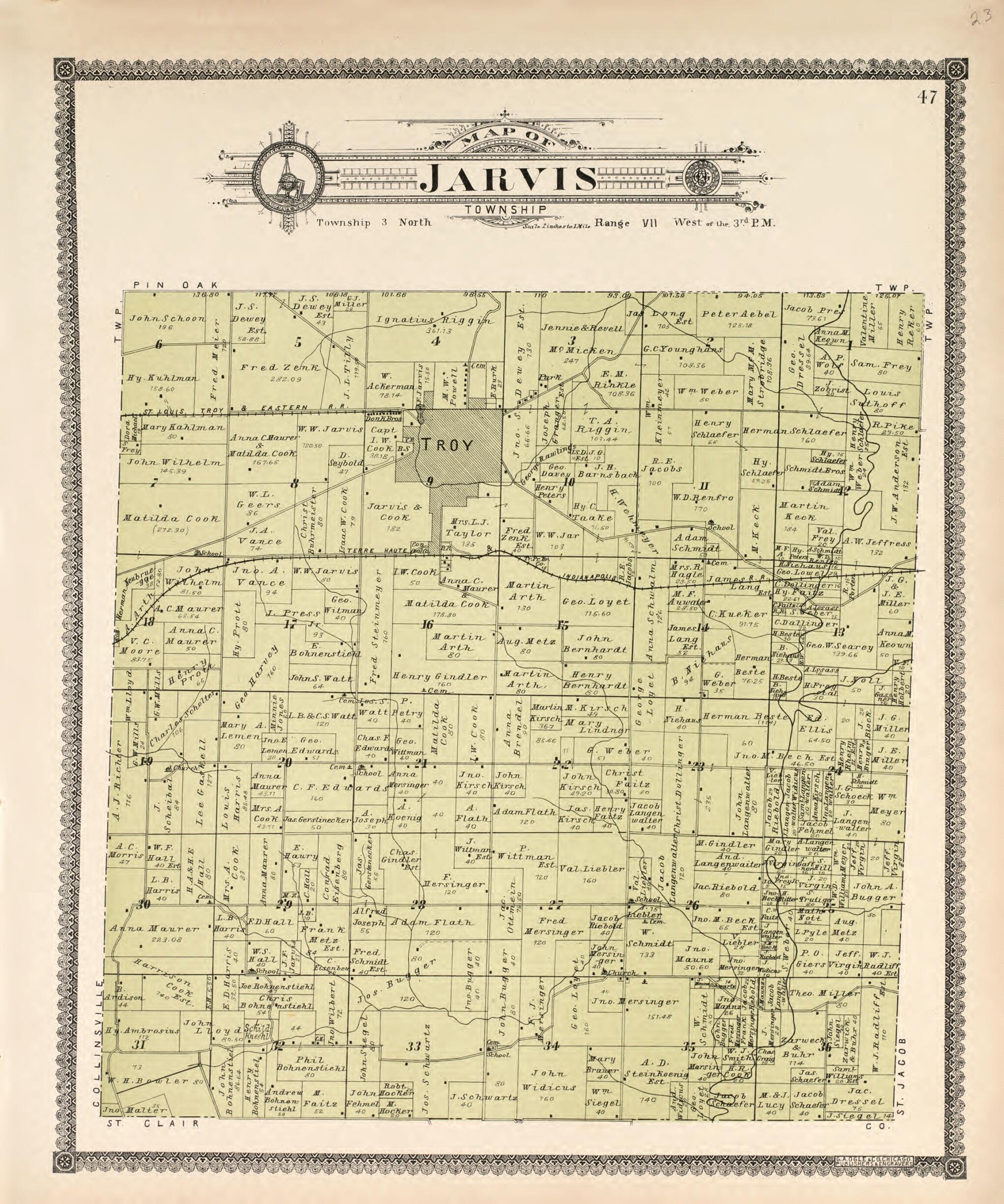This old map of Jarvis Township from Standard Atlas of Madison County, Illinois from 1906 was created by Geo. A. Ogle & Co in 1906