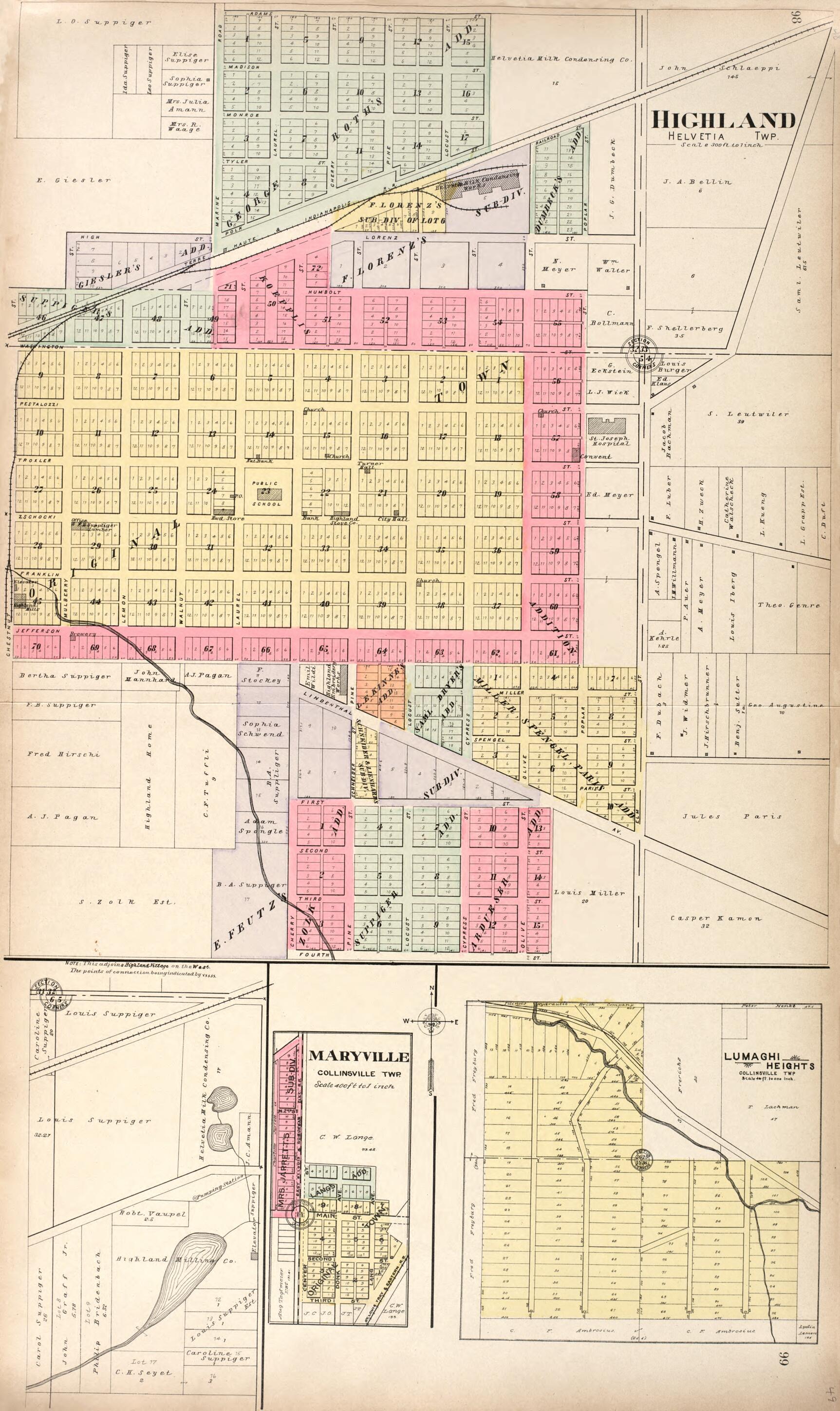 This old map of Highland - Maryville - Lumaghi Heights from Standard Atlas of Madison County, Illinois from 1906 was created by Geo. A. Ogle & Co in 1906