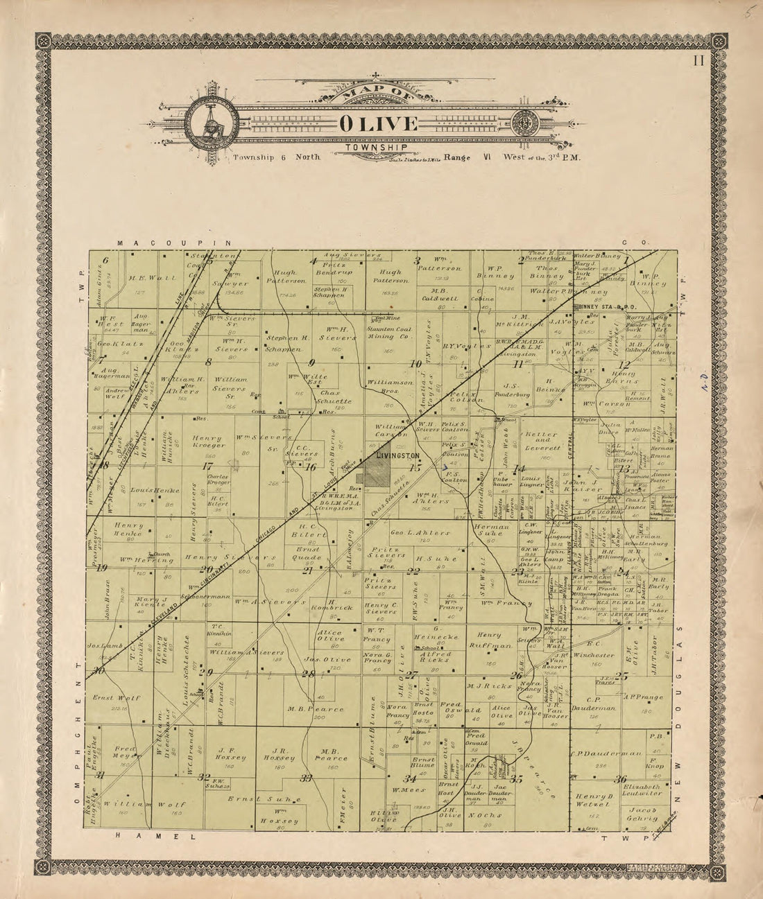 This old map of Olive Township from Standard Atlas of Madison County, Illinois from 1906 was created by Geo. A. Ogle & Co in 1906