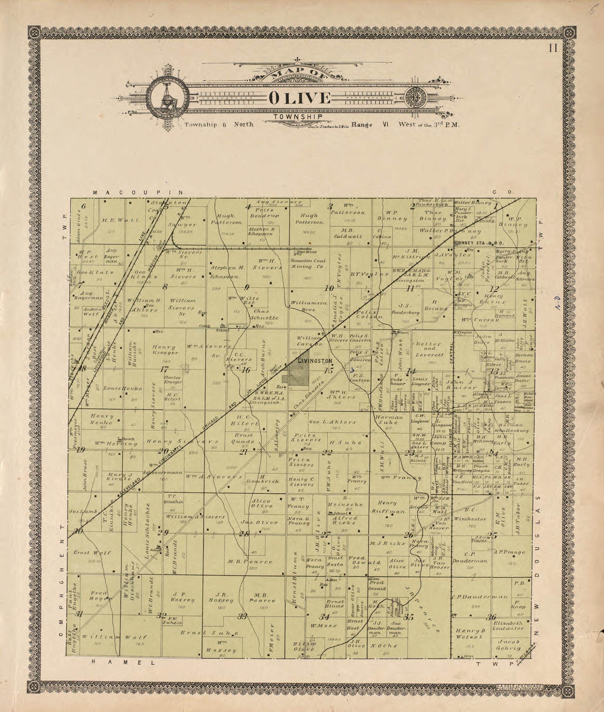 This old map of Olive Township from Standard Atlas of Madison County, Illinois from 1906 was created by Geo. A. Ogle & Co in 1906