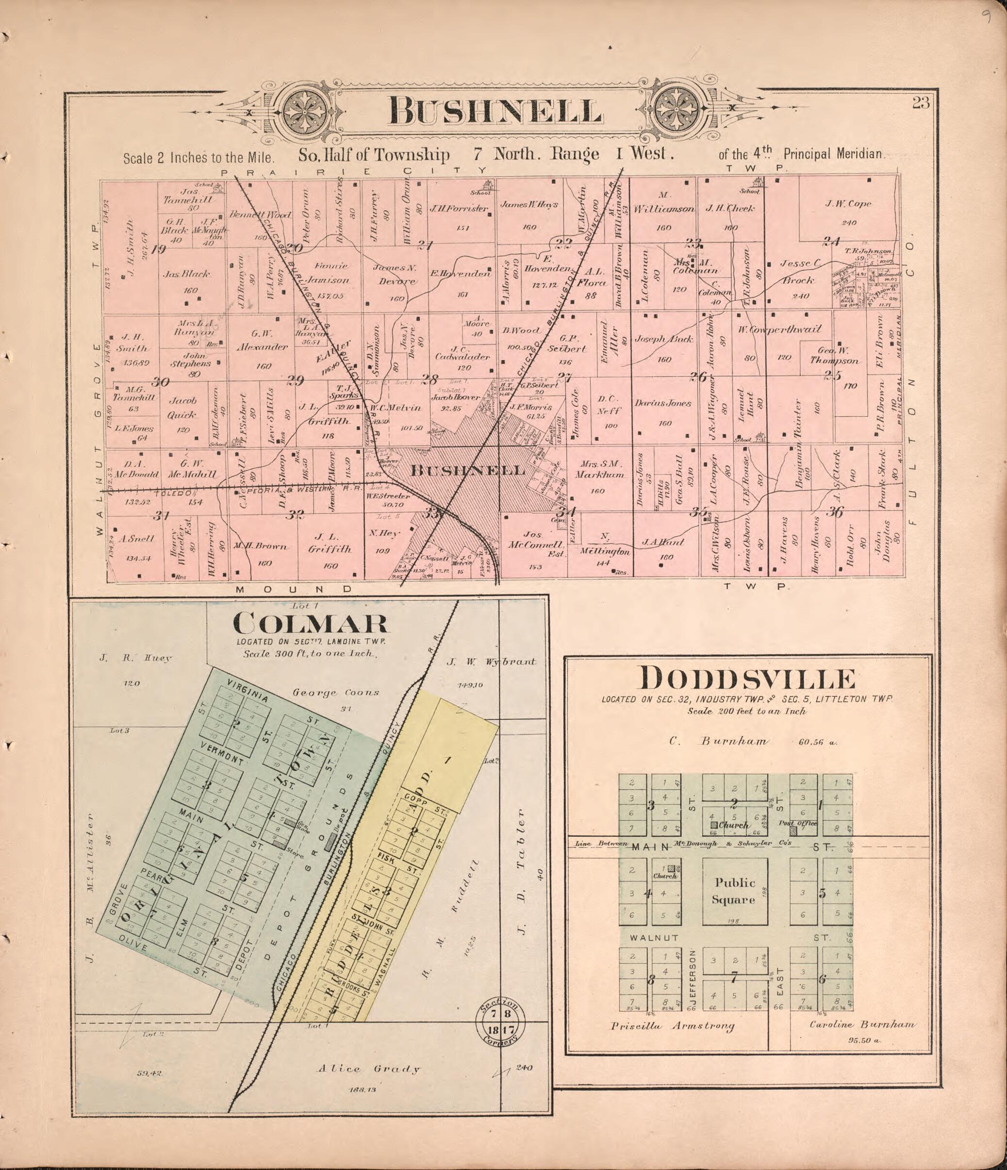 This old map of Bushnell, Colmar, and Doddsville from Plat Book of McDonough County, Illinois from 1893 was created by Occidental Publishing Company in 1893