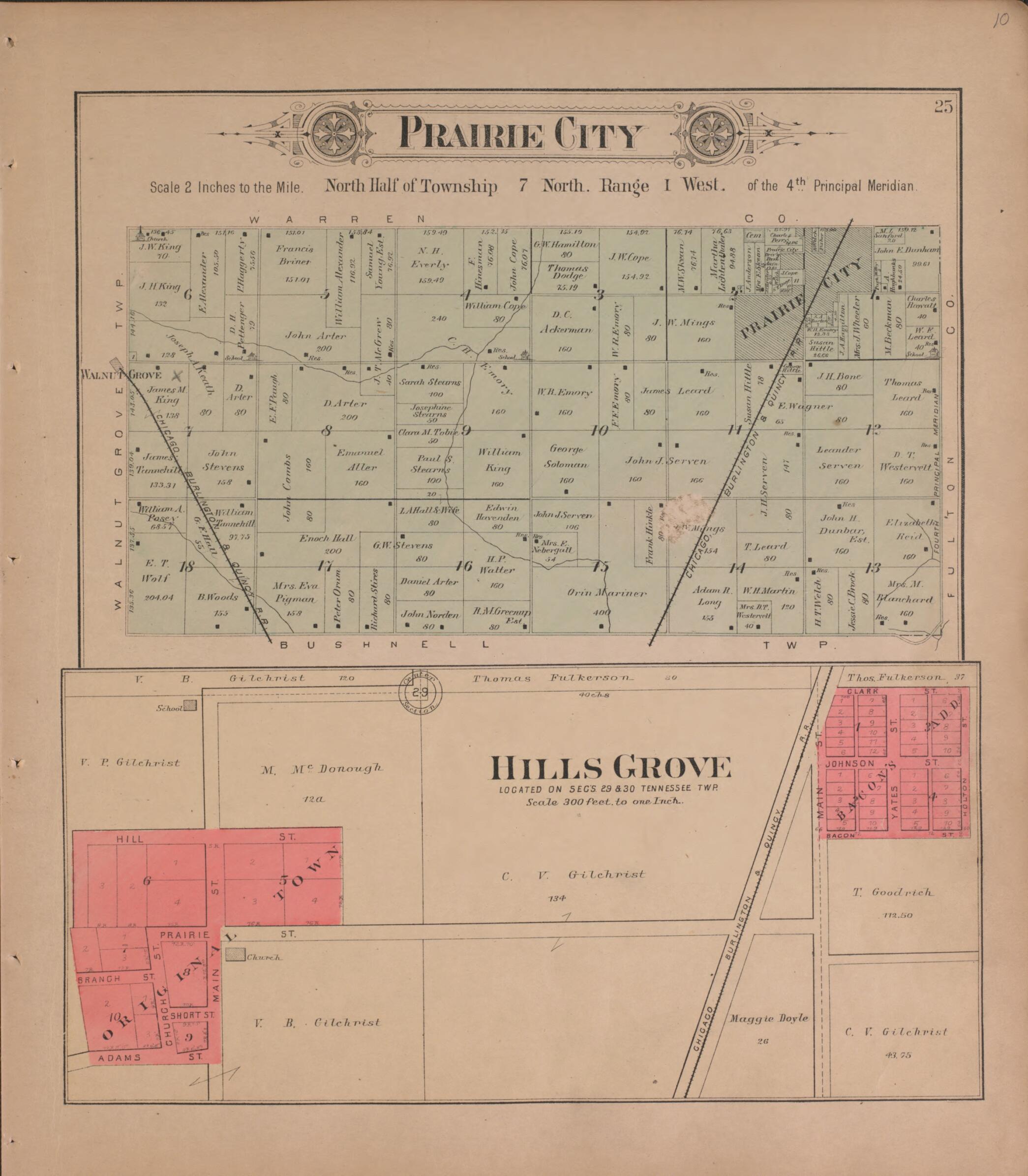 This old map of Prairie City and Hills Grove from Plat Book of McDonough County, Illinois from 1893 was created by Occidental Publishing Company in 1893