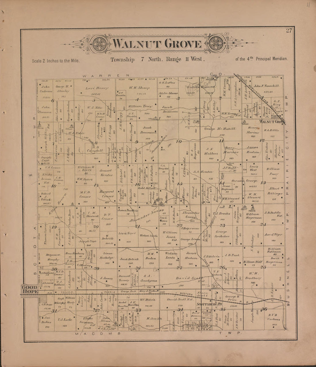This old map of Walnut Grove from Plat Book of McDonough County, Illinois from 1893 was created by Occidental Publishing Company in 1893