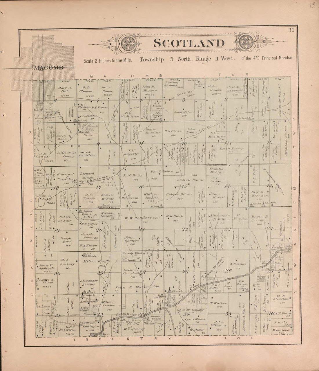 This old map of Scotland from Plat Book of McDonough County, Illinois from 1893 was created by Occidental Publishing Company in 1893