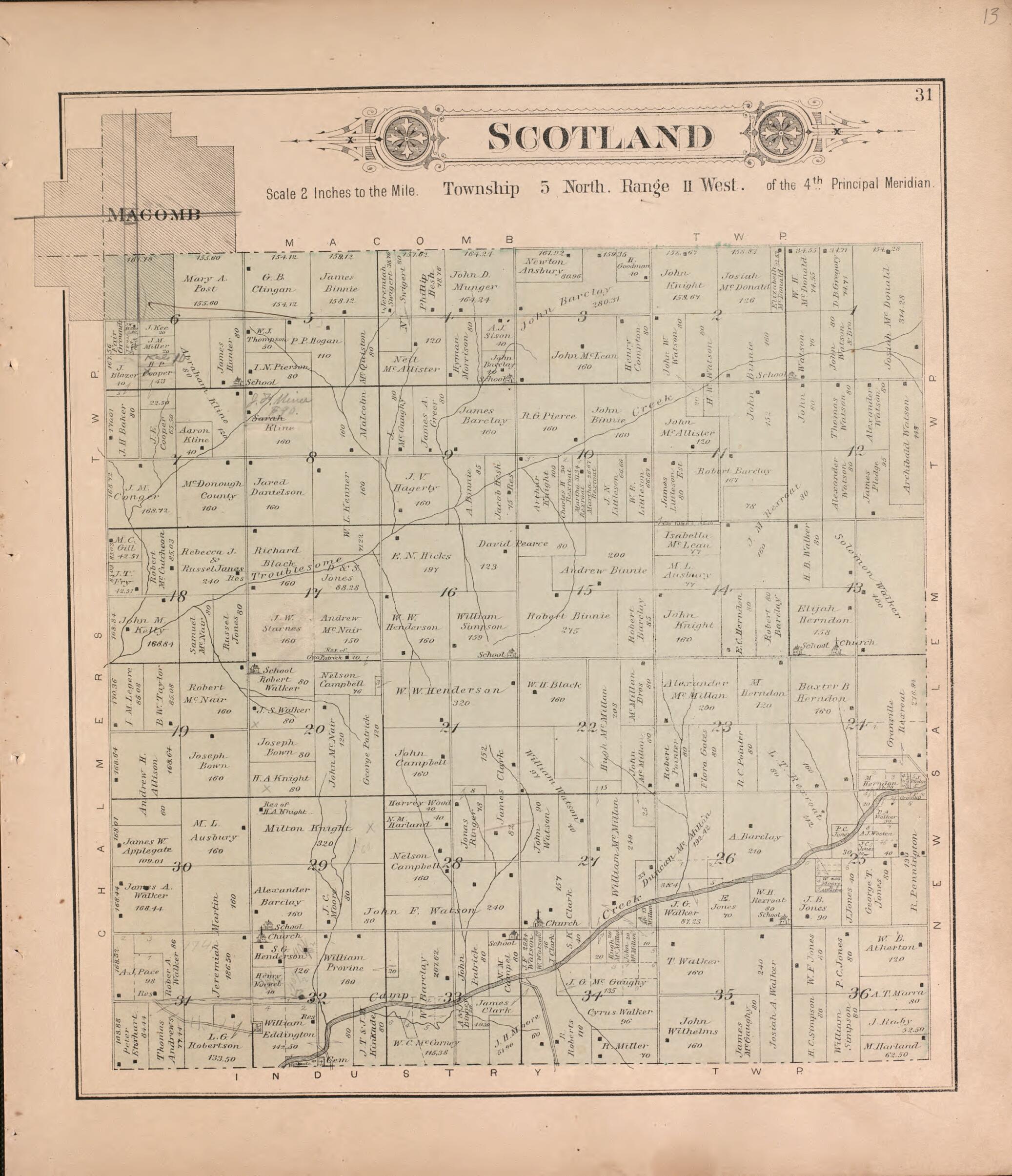 This old map of Scotland from Plat Book of McDonough County, Illinois from 1893 was created by Occidental Publishing Company in 1893