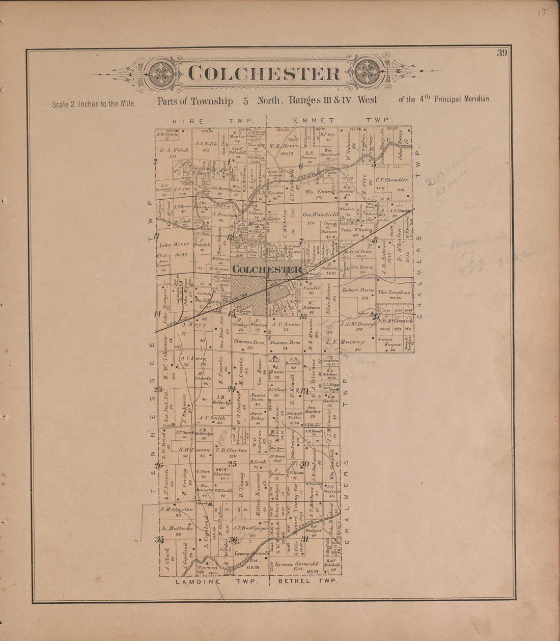 This old map of Colchester from Plat Book of McDonough County, Illinois from 1893 was created by Occidental Publishing Company in 1893