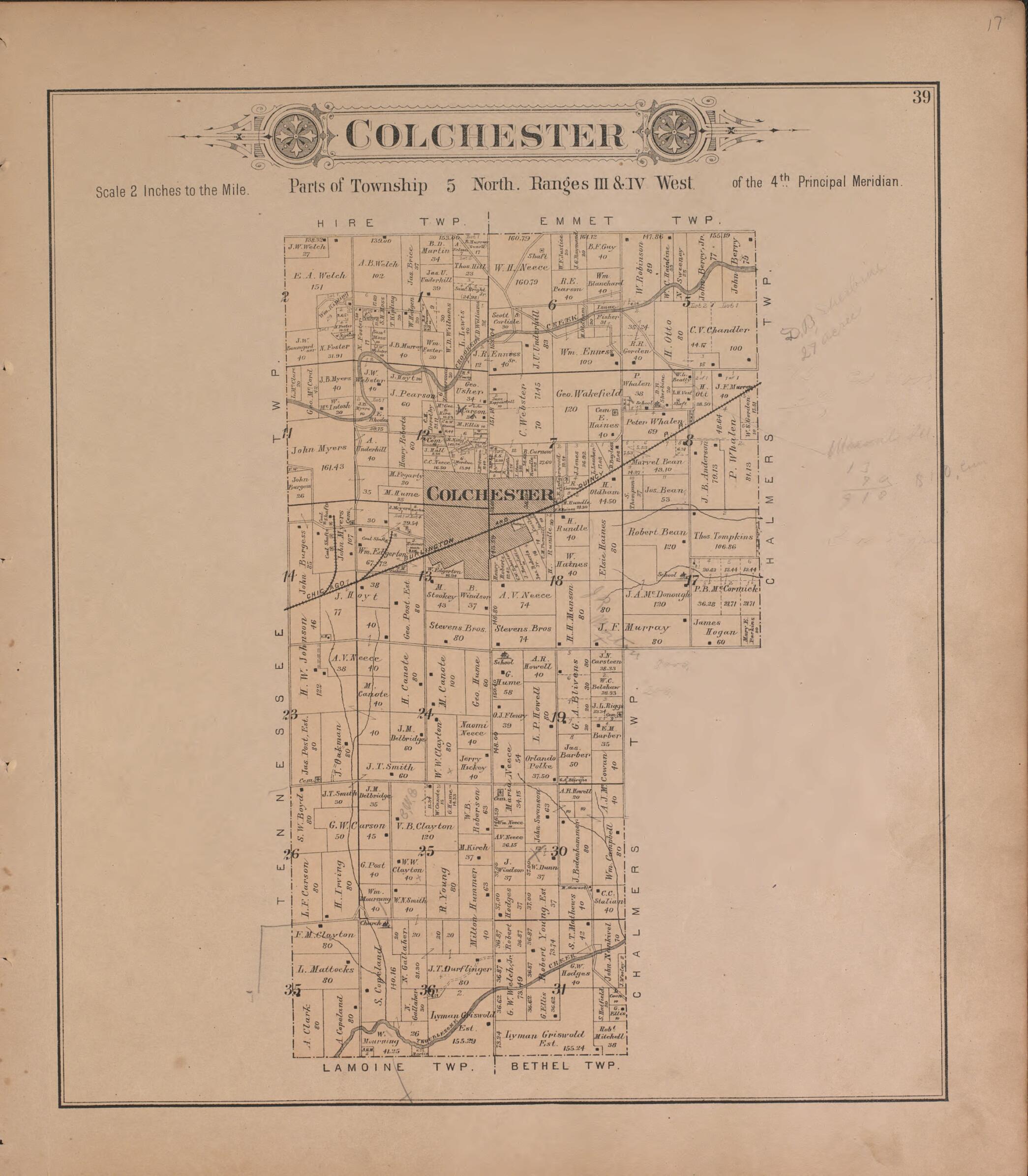 This old map of Colchester from Plat Book of McDonough County, Illinois from 1893 was created by Occidental Publishing Company in 1893