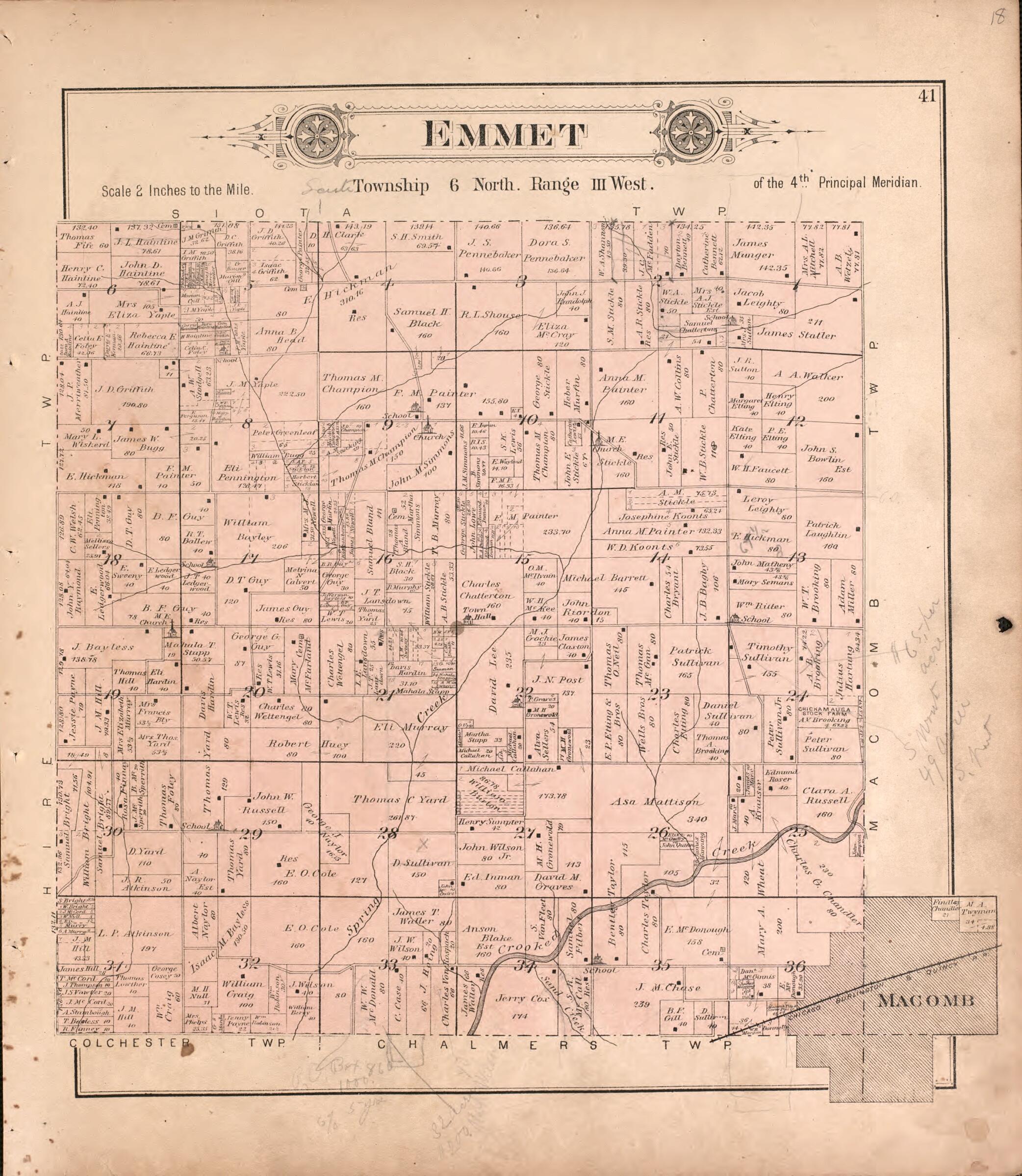 This old map of Emmet from Plat Book of McDonough County, Illinois from 1893 was created by Occidental Publishing Company in 1893
