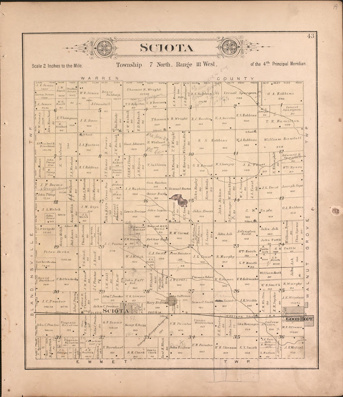 This old map of Sciota from Plat Book of McDonough County, Illinois from 1893 was created by Occidental Publishing Company in 1893