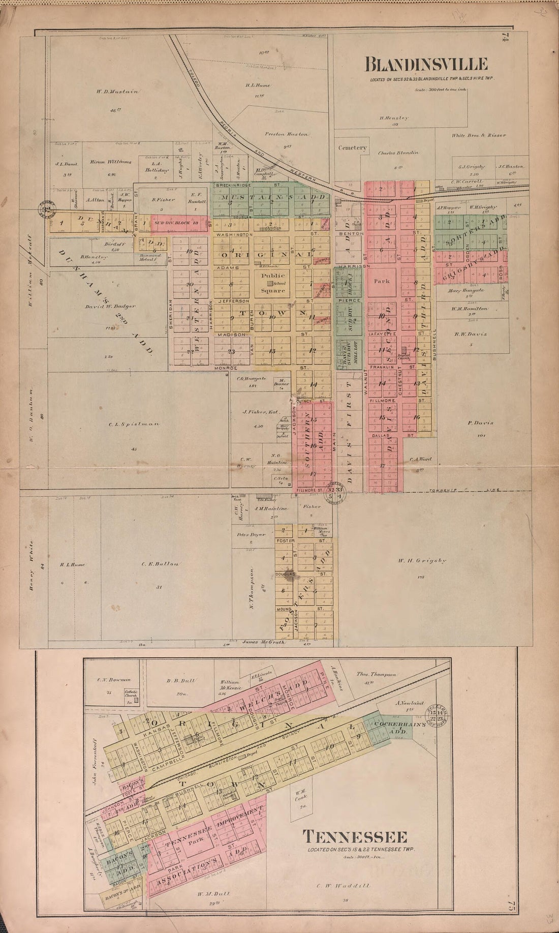 This old map of Blandinsville from Plat Book of McDonough County, Illinois from 1893 was created by Occidental Publishing Company in 1893
