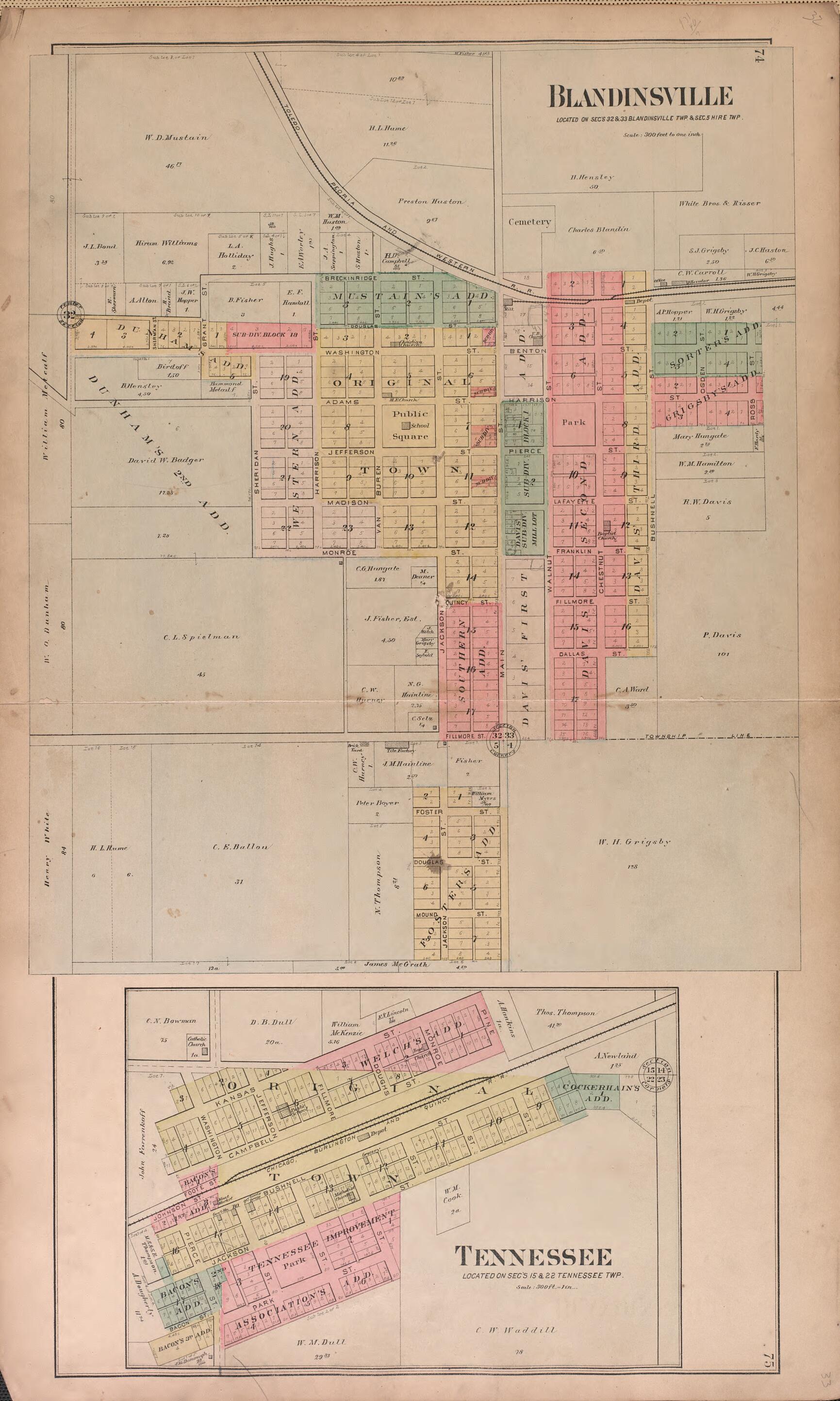 This old map of Blandinsville from Plat Book of McDonough County, Illinois from 1893 was created by Occidental Publishing Company in 1893