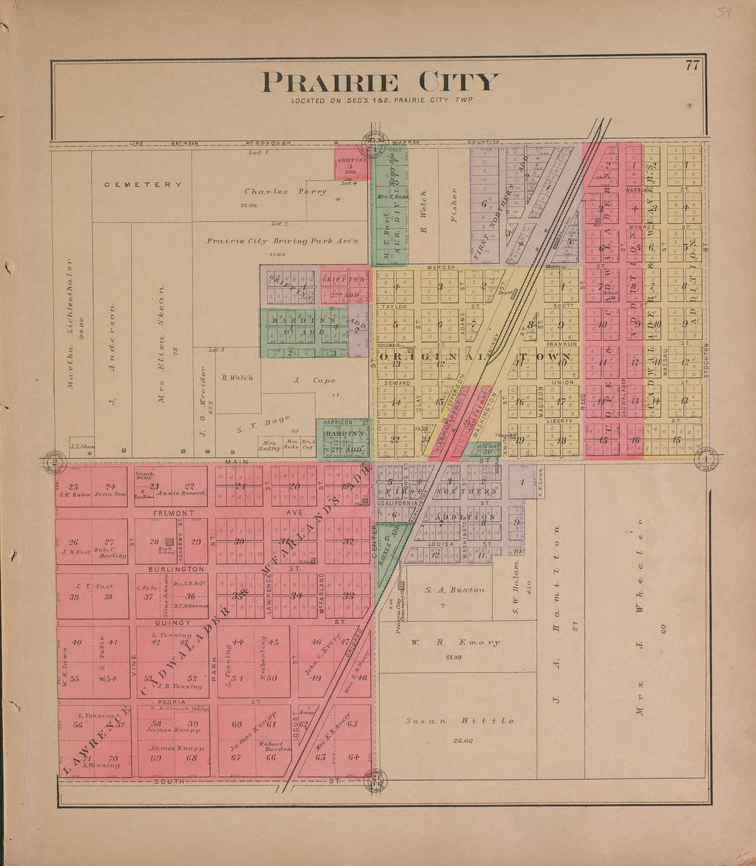 This old map of Prairie City from Plat Book of McDonough County, Illinois from 1893 was created by Occidental Publishing Company in 1893