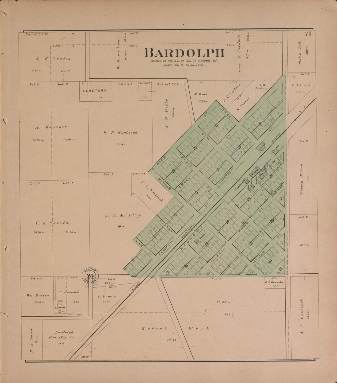 This old map of Bardolph from Plat Book of McDonough County, Illinois from 1893 was created by Occidental Publishing Company in 1893