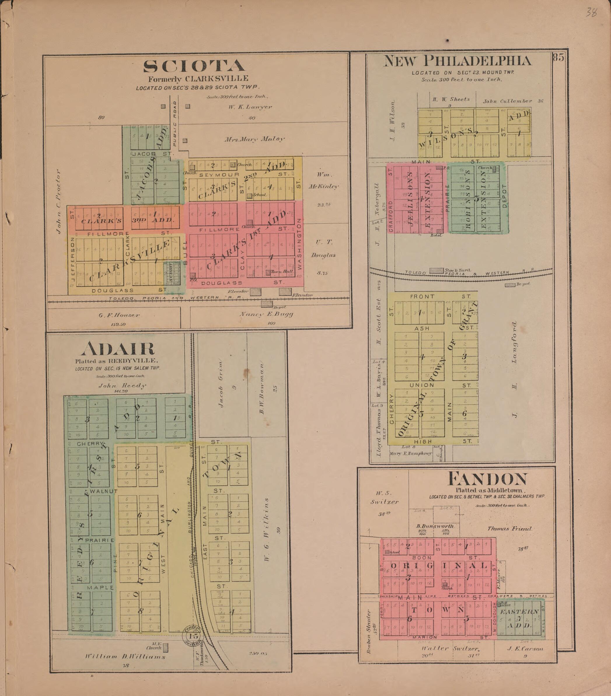 This old map of Sciota, Adair, Fandon and New Philadelphia from Plat Book of McDonough County, Illinois from 1893 was created by Occidental Publishing Company in 1893