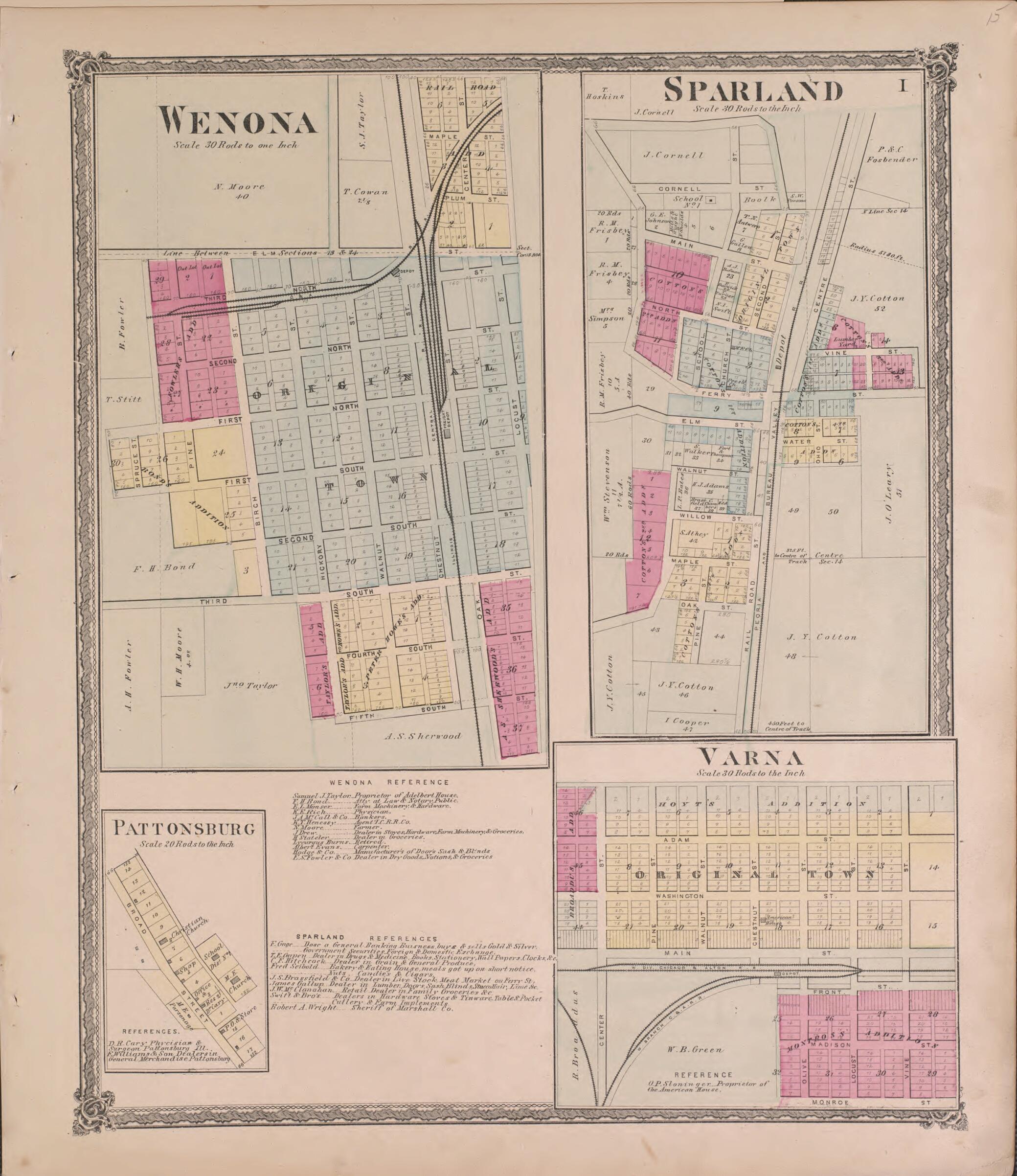 This old map of Wenona and Sparland from State of Illinois Combined Town, County, State, National and General Atlas from 1870 was created by Warner & Beers in 1870