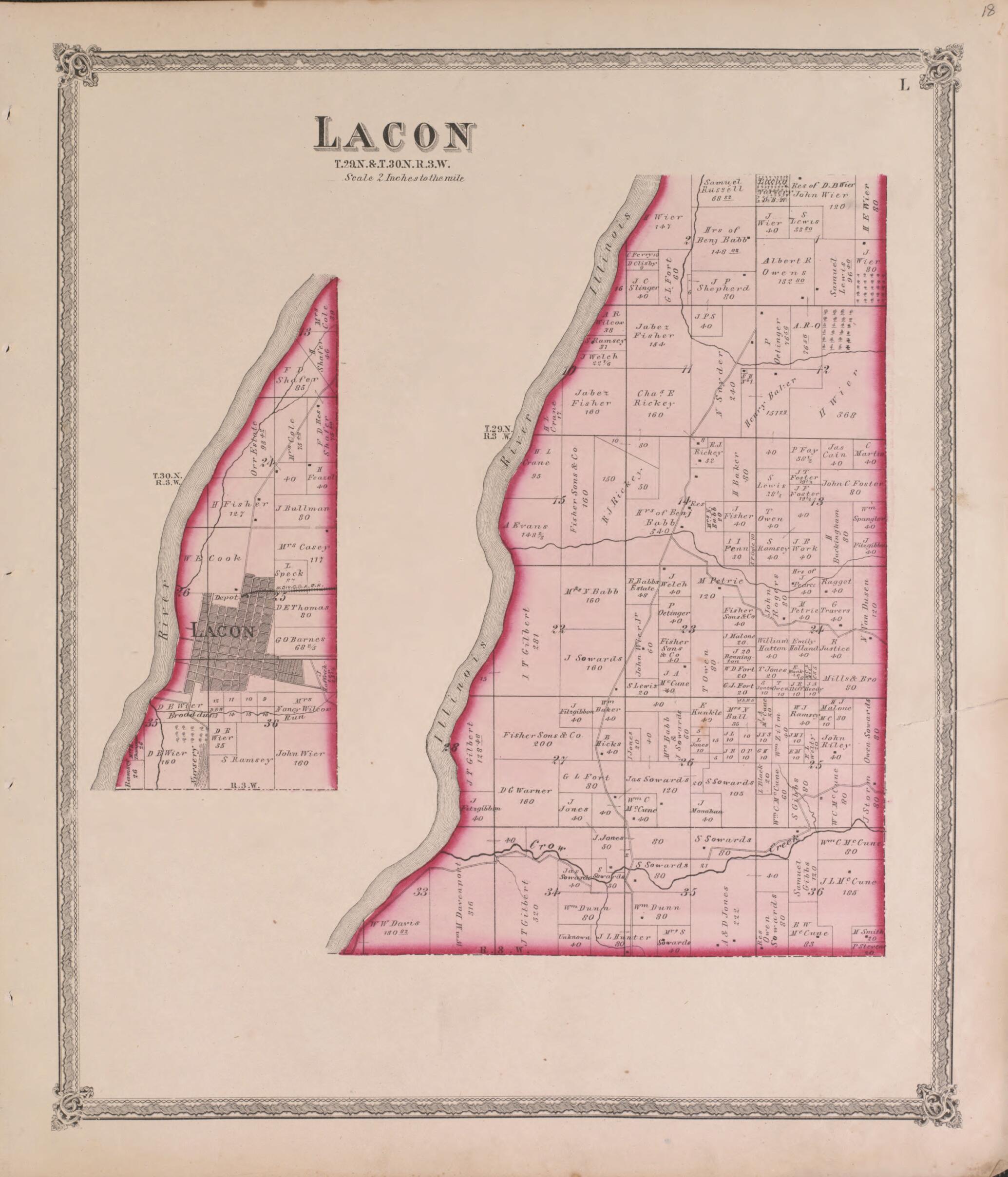 This old map of Lacon from State of Illinois Combined Town, County, State, National and General Atlas from 1870 was created by Warner & Beers in 1870