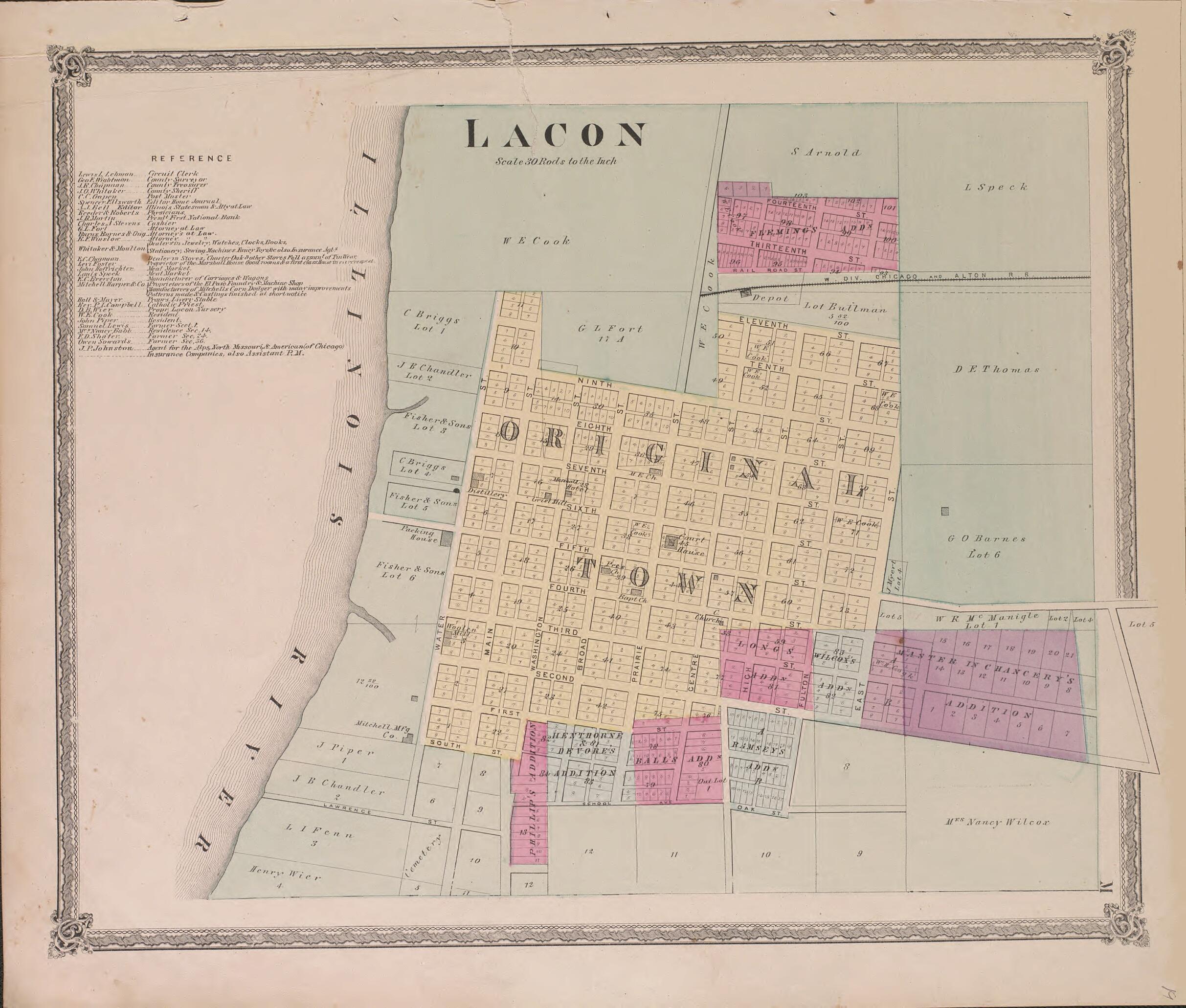 This old map of Lacon--continued from State of Illinois Combined Town, County, State, National and General Atlas from 1870 was created by Warner & Beers in 1870