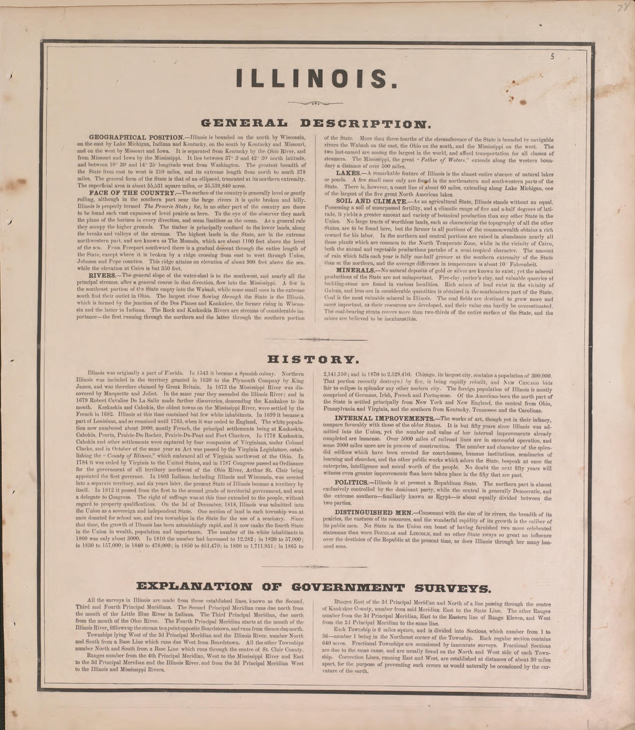 This old map of Illinois, General Description from State of Illinois Combined Town, County, State, National and General Atlas from 1870 was created by Warner & Beers in 1870
