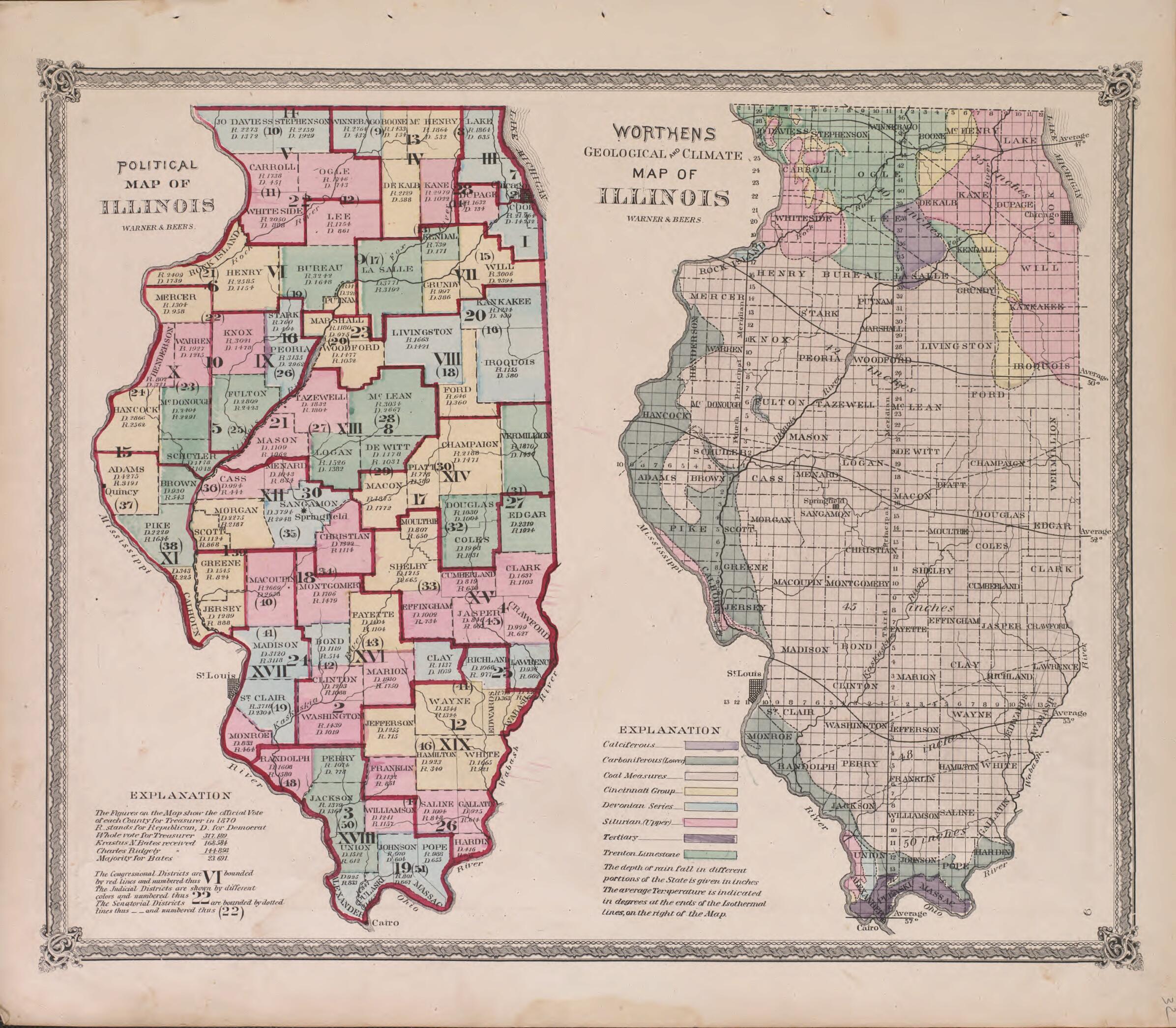 This old map of Political Map of Illinois from State of Illinois Combined Town, County, State, National and General Atlas from 1870 was created by Warner & Beers in 1870