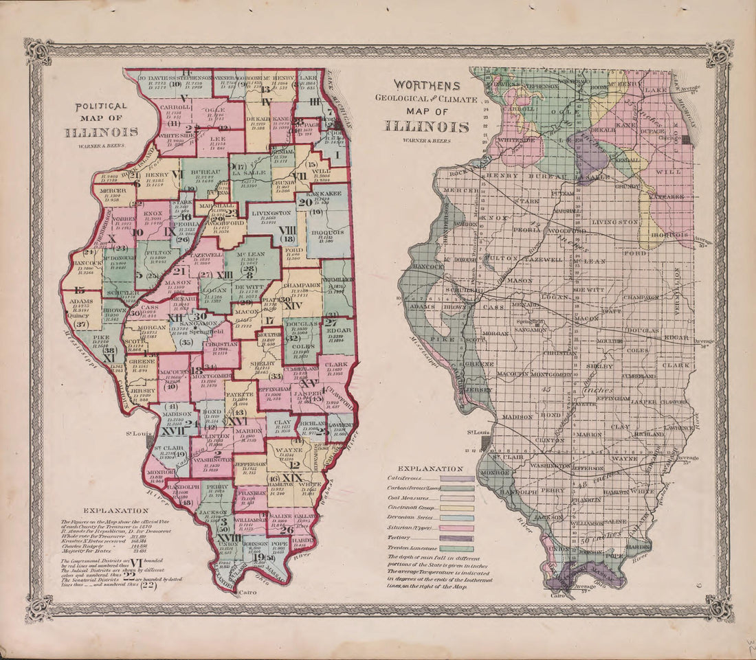 This old map of Political Map of Illinois from State of Illinois Combined Town, County, State, National and General Atlas from 1870 was created by Warner & Beers in 1870