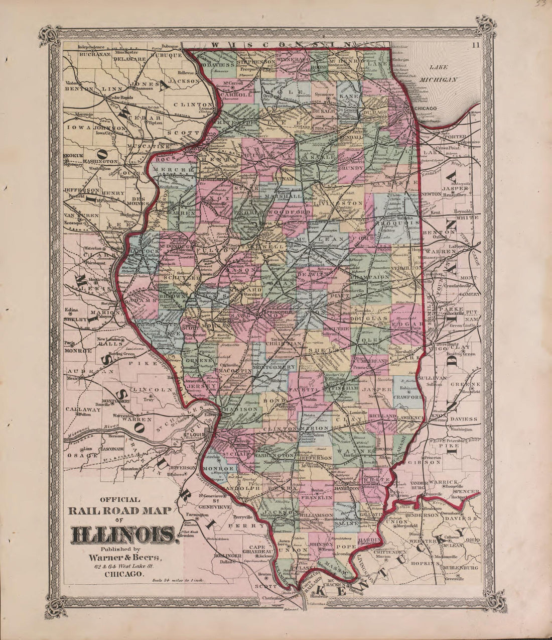 This old map of Official Railroad Map of Illinois from State of Illinois Combined Town, County, State, National and General Atlas from 1870 was created by Warner & Beers in 1870
