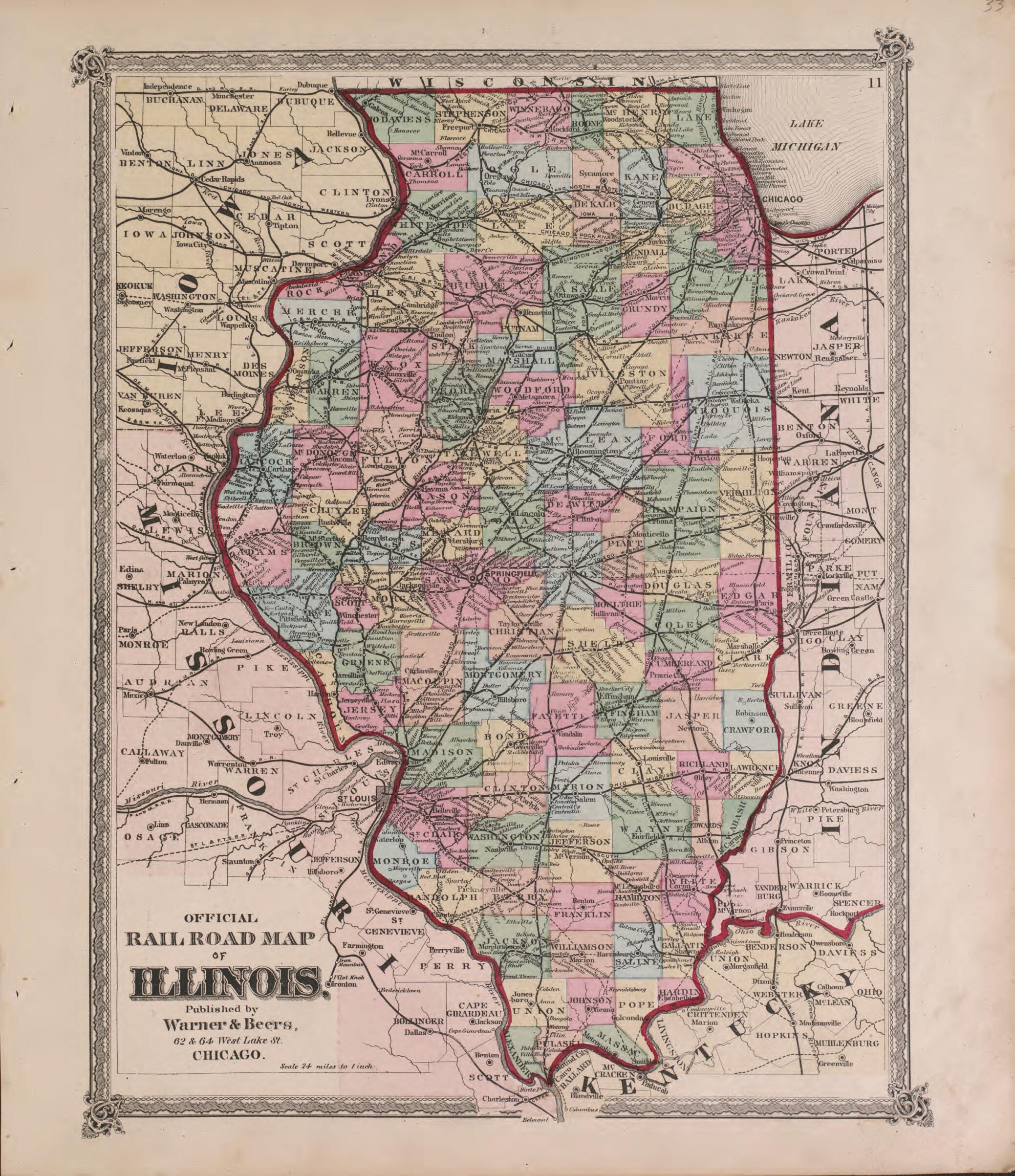 This old map of Official Railroad Map of Illinois from State of Illinois Combined Town, County, State, National and General Atlas from 1870 was created by Warner & Beers in 1870