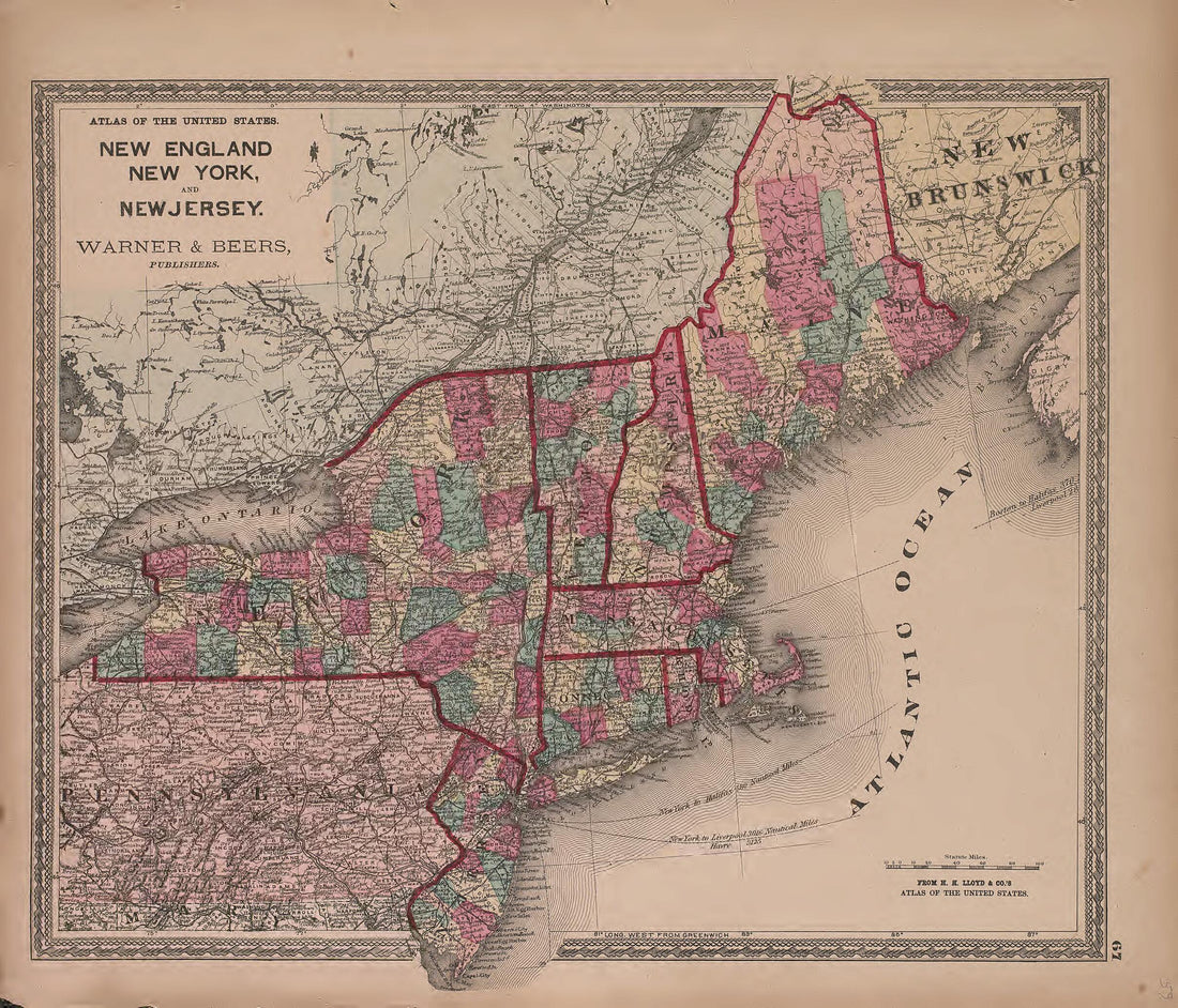 This old map of New England, New York and New Jersey from State of Illinois Combined Town, County, State, National and General Atlas from 1870 was created by Warner & Beers in 1870