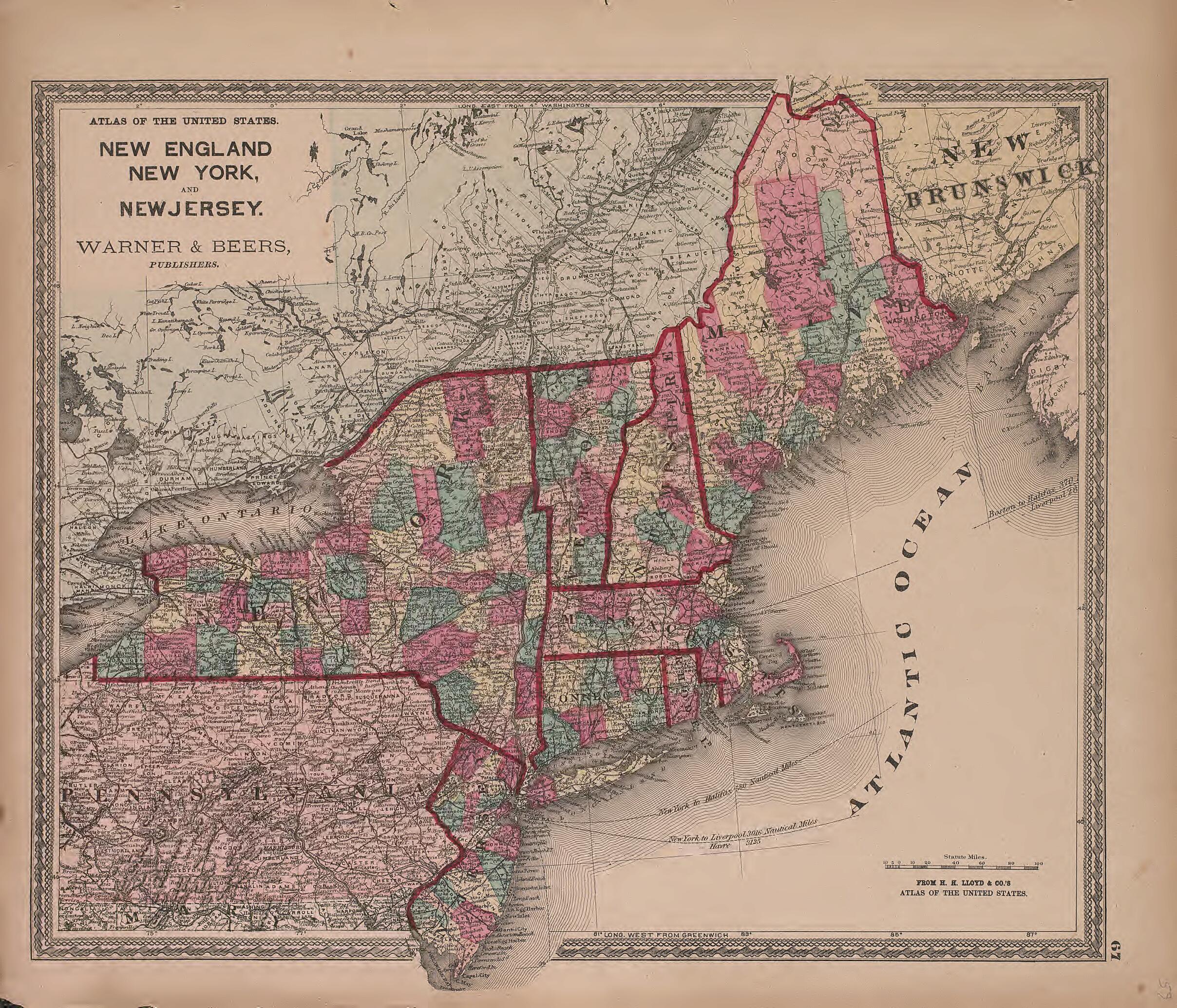 This old map of New England, New York and New Jersey from State of Illinois Combined Town, County, State, National and General Atlas from 1870 was created by Warner & Beers in 1870