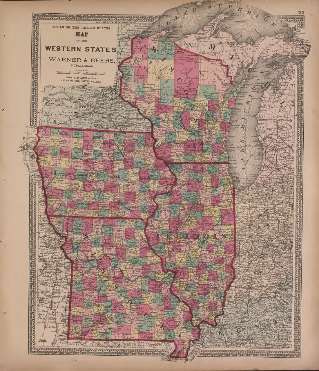 This old map of Map of the Central States, Warner and Beers--continued from State of Illinois Combined Town, County, State, National and General Atlas from 1870 was created by Warner & Beers in 1870