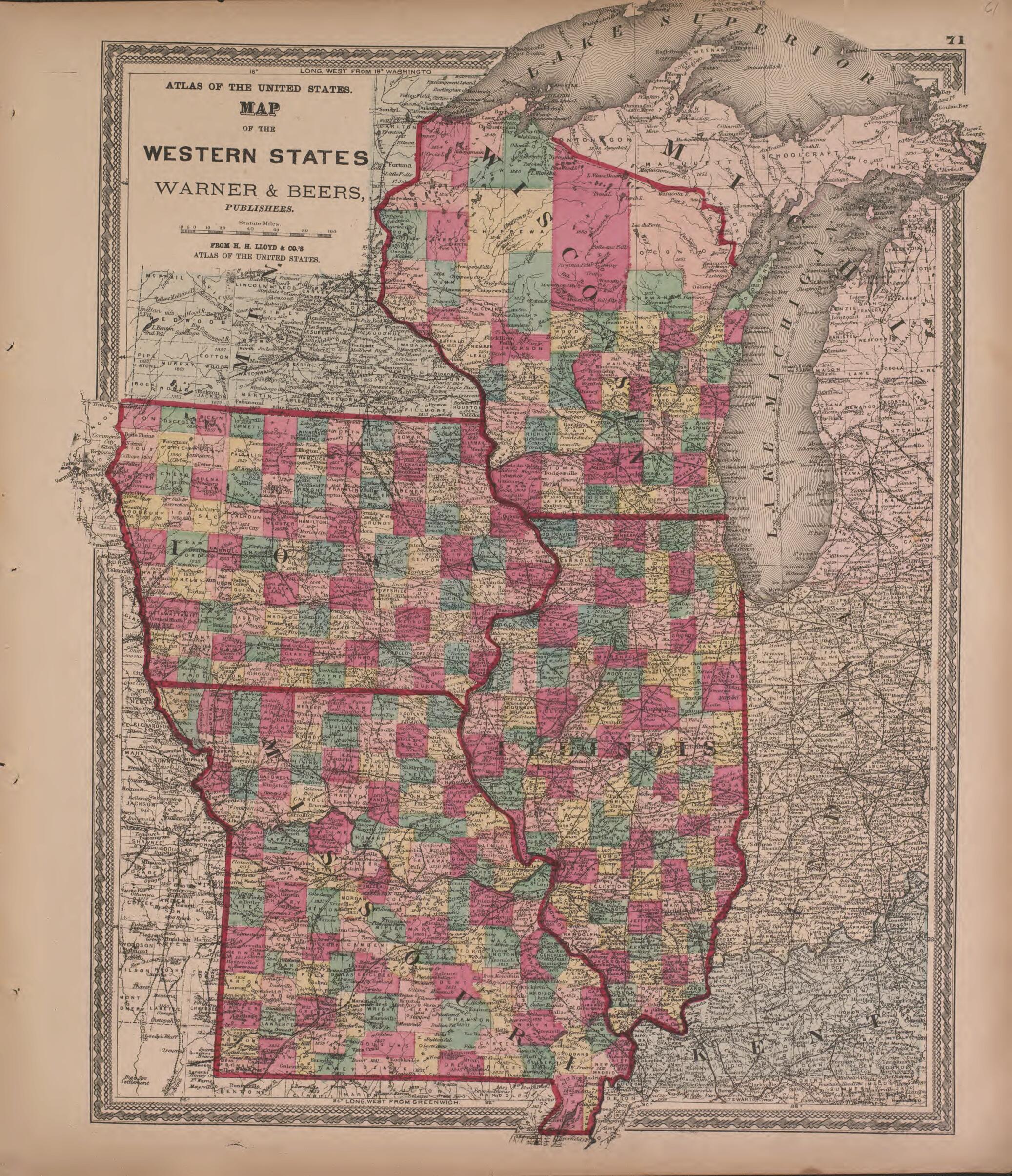 This old map of Map of the Central States, Warner and Beers--continued from State of Illinois Combined Town, County, State, National and General Atlas from 1870 was created by Warner & Beers in 1870