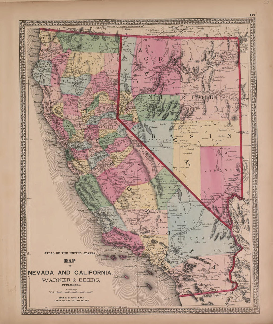 This old map of Map of Nevada and California from State of Illinois Combined Town, County, State, National and General Atlas from 1870 was created by Warner & Beers in 1870