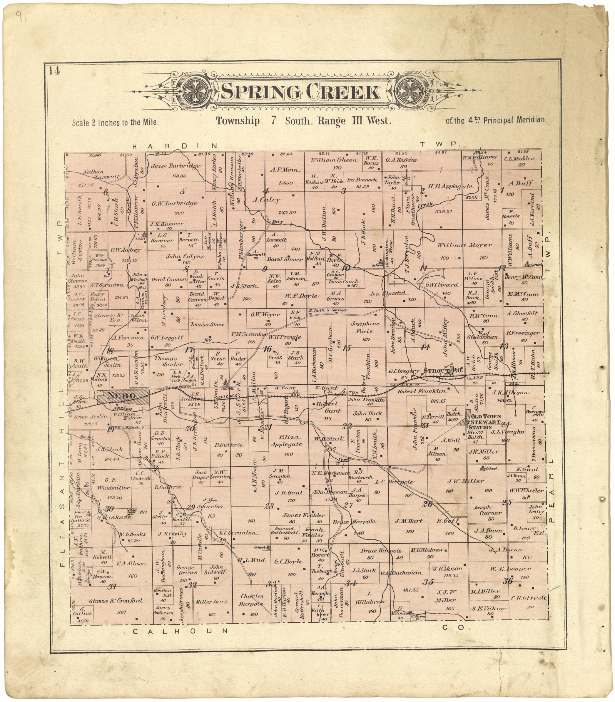 This old map of Spring Creek from Standard Atlas of Pike County, Illinois from 1895 was created by Geo. A. Ogle & Co in 1895
