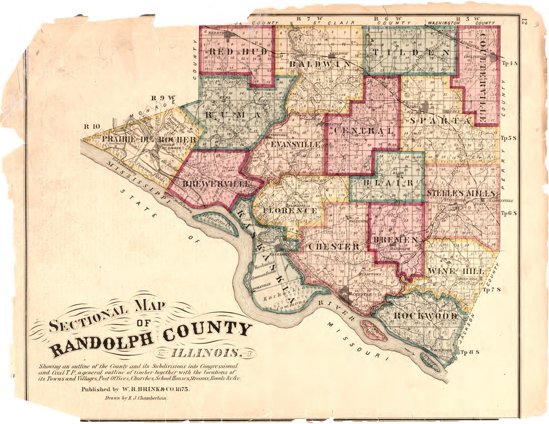 This old map of Sectional Map of Randolph County, Illinois from Illustrated Historical Atlas of Randolph Co., Illinois from 1875 was created by W.R. Brink & Co in 1875