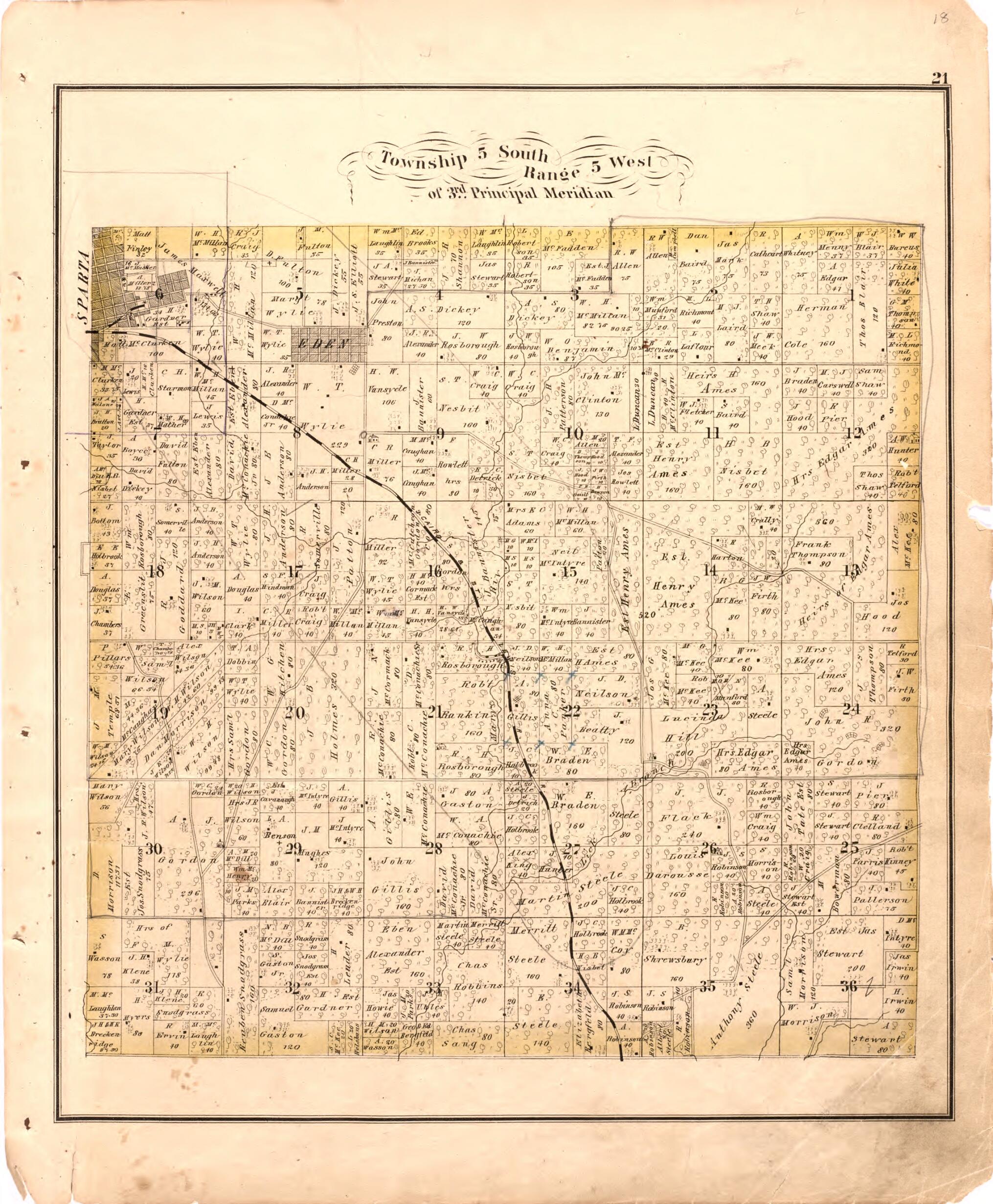 This old map of Township 5 South Range 5 West of 3rd Principal Meridian from Illustrated Historical Atlas of Randolph Co., Illinois from 1875 was created by W.R. Brink & Co in 1875