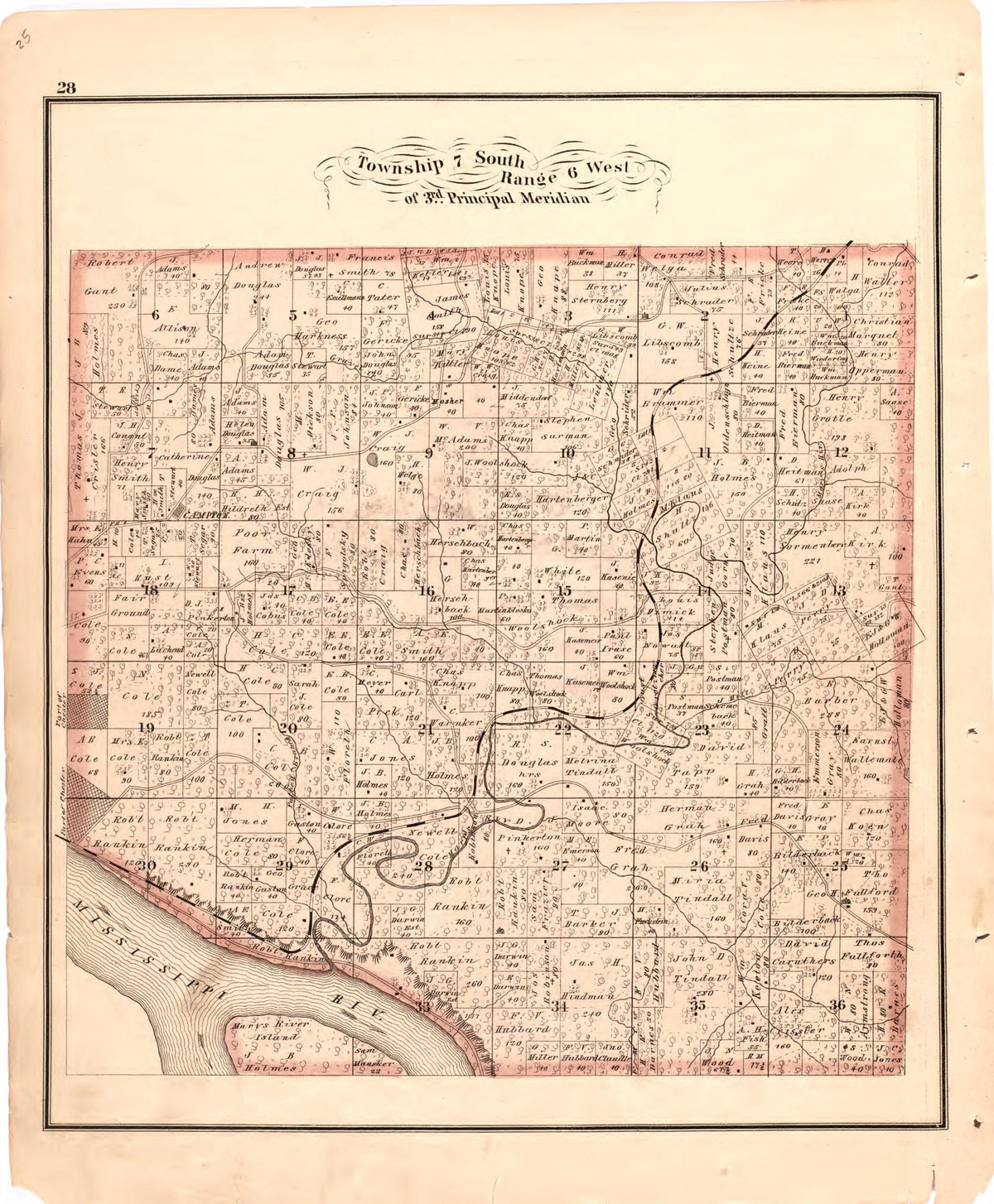 Township 7 South Range 6 West of 3rd Principal Meridian from Illustrated Historical Atlas of Randolph Co., Illinois 1875 by Relic Map Company