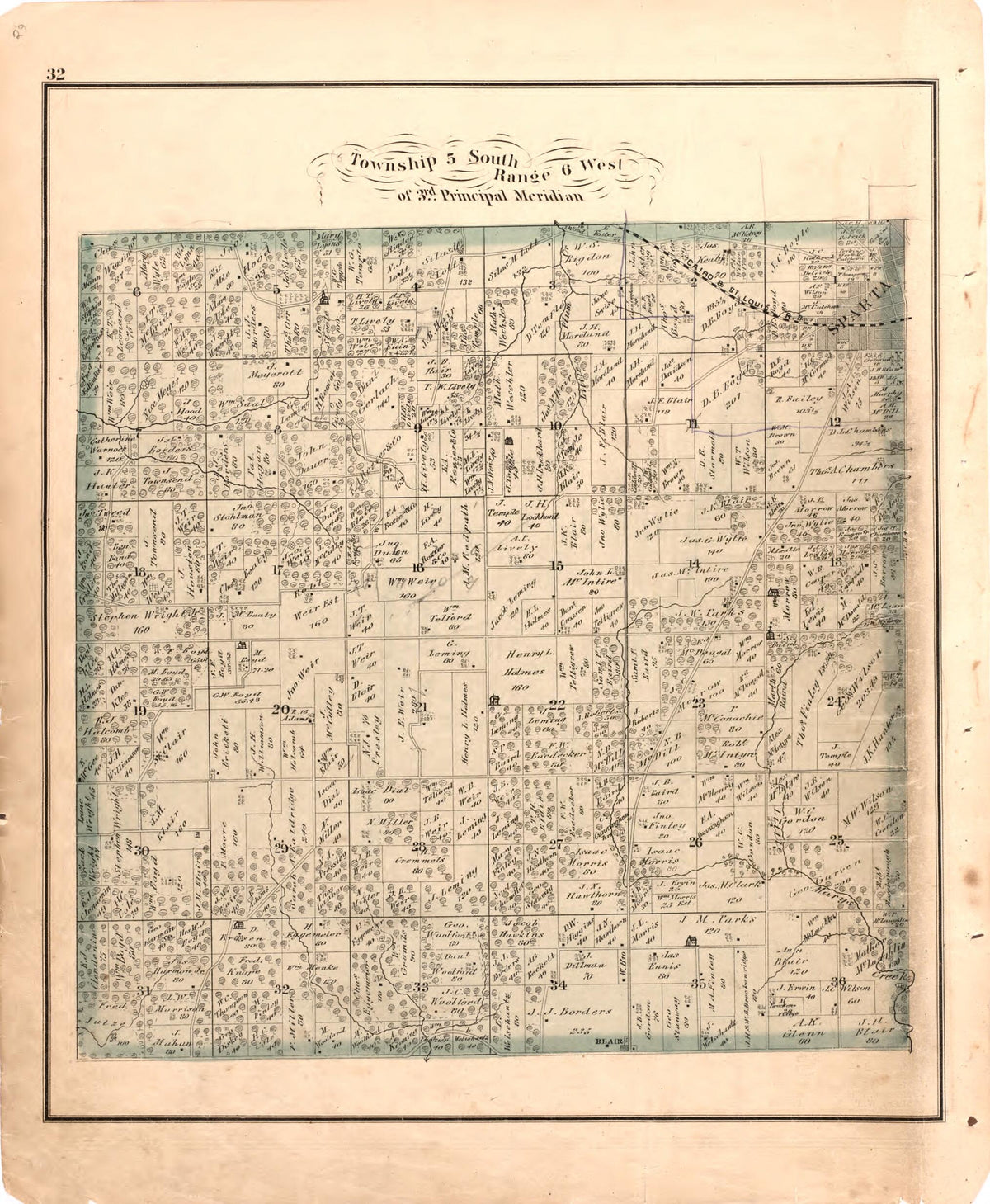 Township 5 South Range 6 West of 3rd Principal Meridian from Illustrated Historical Atlas of Randolph Co., Illinois 1875 by Relic Map Company