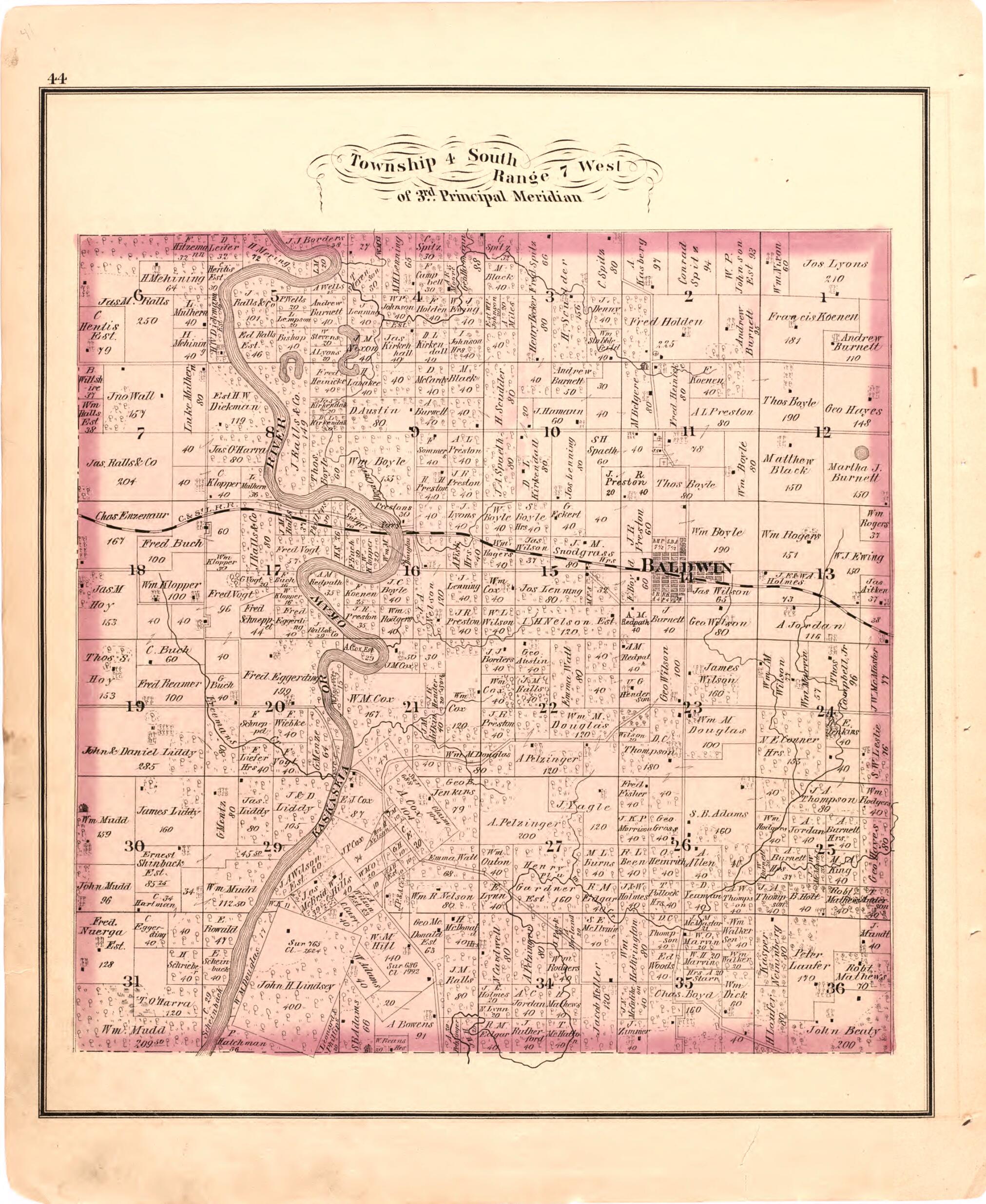 This old map of Township 4 South Range 7 West of 3rd Principal Meridian from Illustrated Historical Atlas of Randolph Co., Illinois from 1875 was created by W.R. Brink & Co in 1875