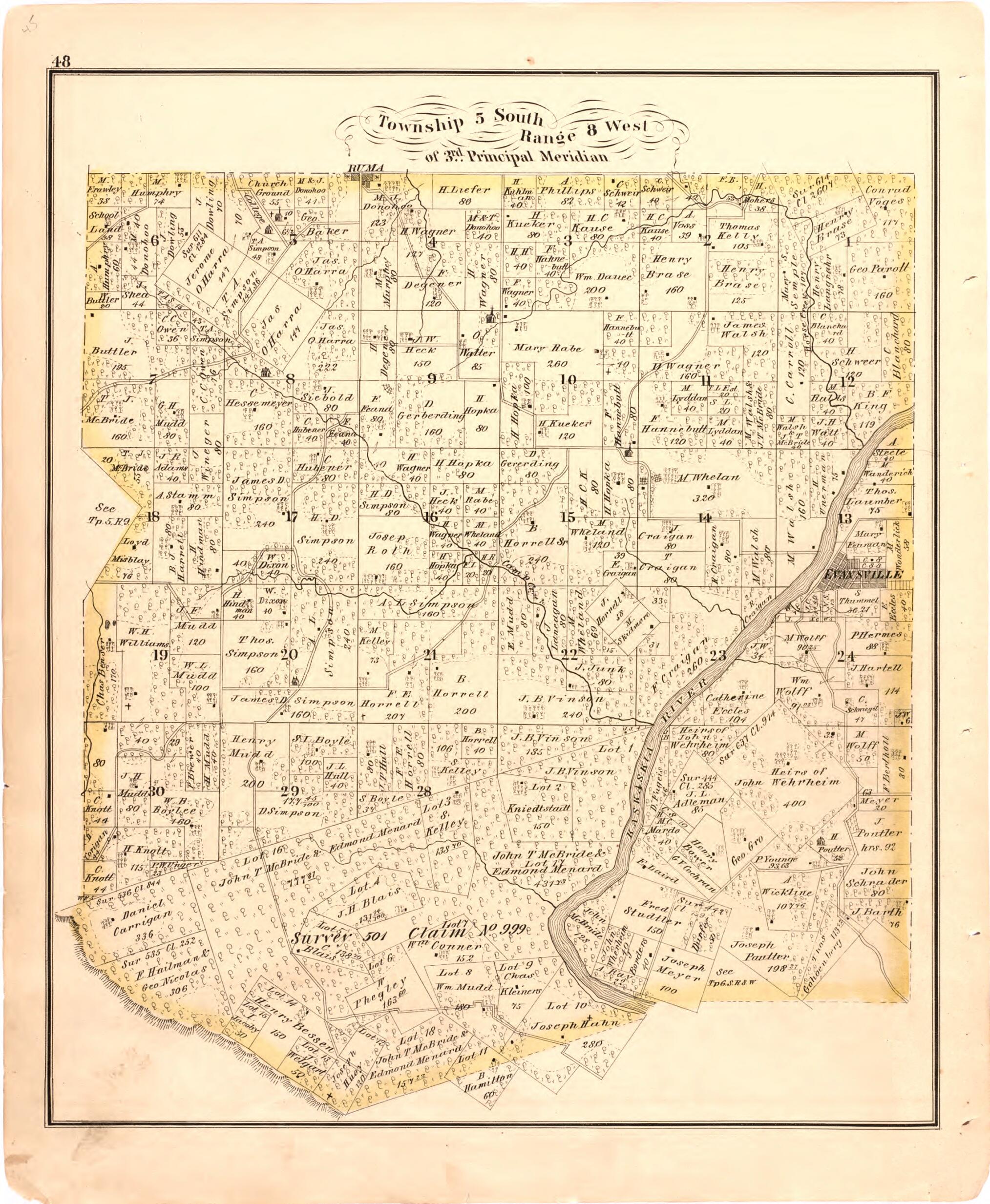 This old map of Township 5 South Range 8 West of 3rd Principal Meridian from Illustrated Historical Atlas of Randolph Co., Illinois from 1875 was created by W.R. Brink & Co in 1875