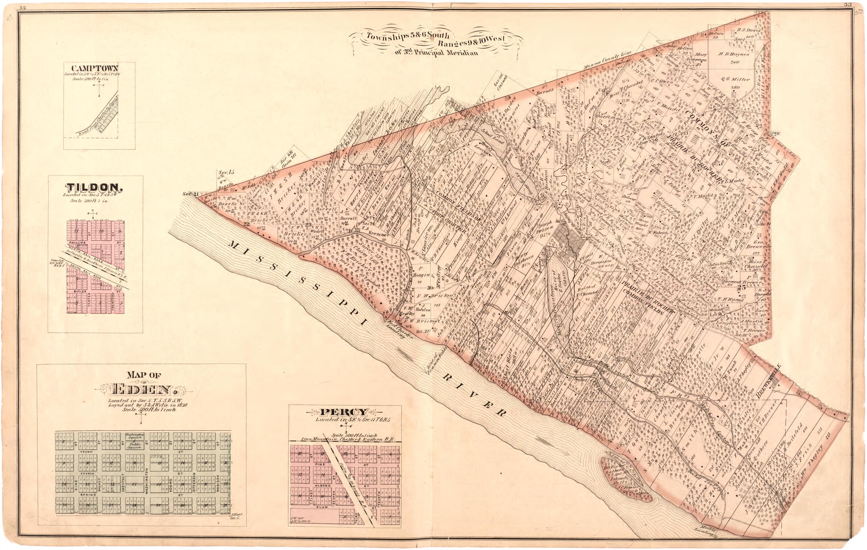 This old map of Township 5 & 6 South Range 9 & 10 West of 3rd Principal Meridian from Illustrated Historical Atlas of Randolph Co., Illinois from 1875 was created by W.R. Brink & Co in 1875
