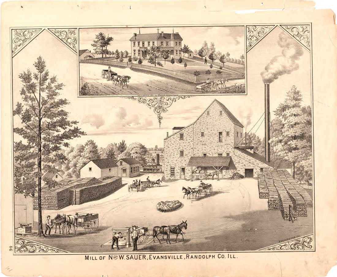 This old map of Mill of N and W Sauer, Evansville, Randolph Co. Ill. from Illustrated Historical Atlas of Randolph Co., Illinois from 1875 was created by W.R. Brink & Co in 1875