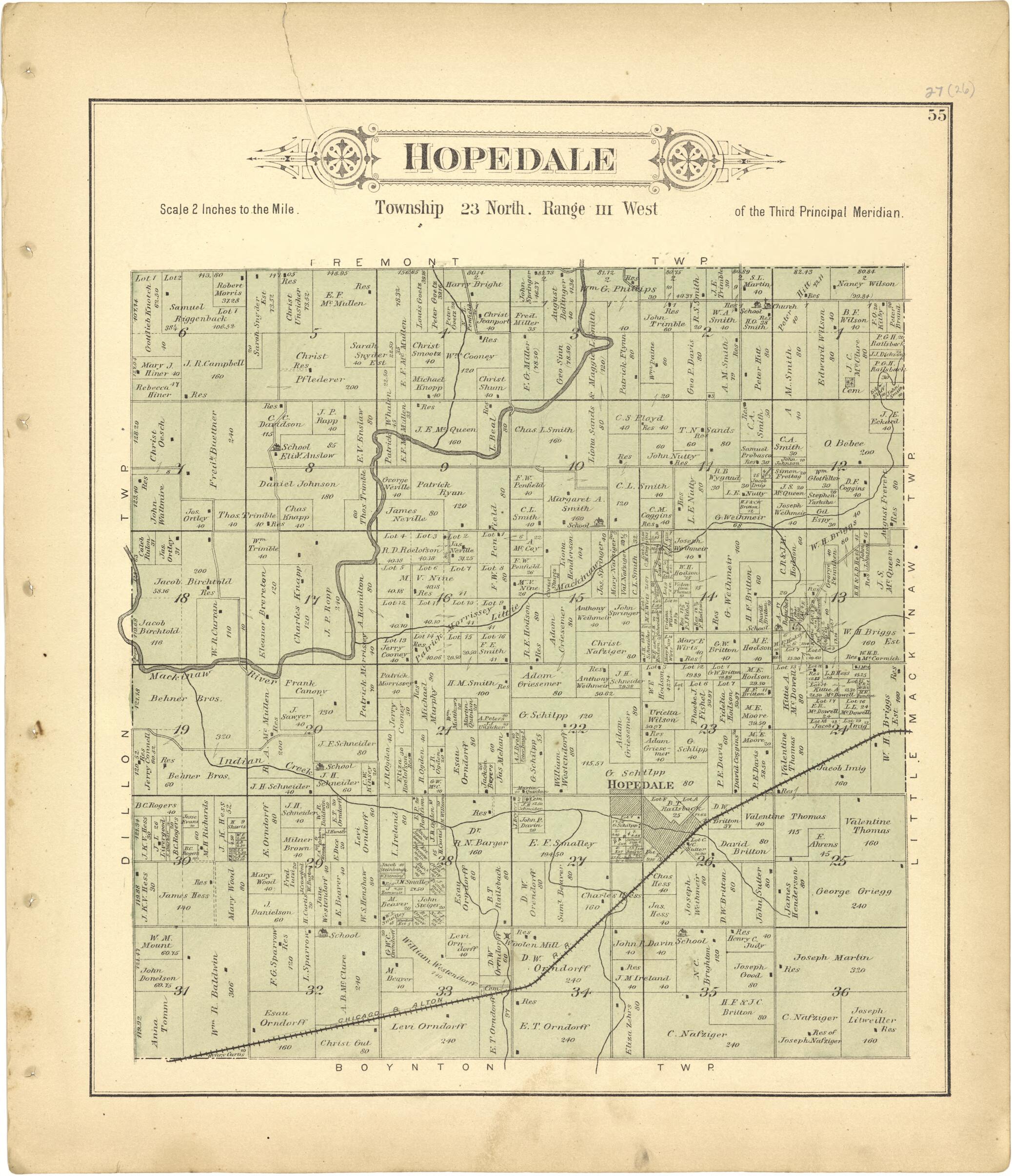 This old map of Hopedale from Plat Book of Tazewell County, Illinois from 1891 was created by Occidental Publishing Company in 1891