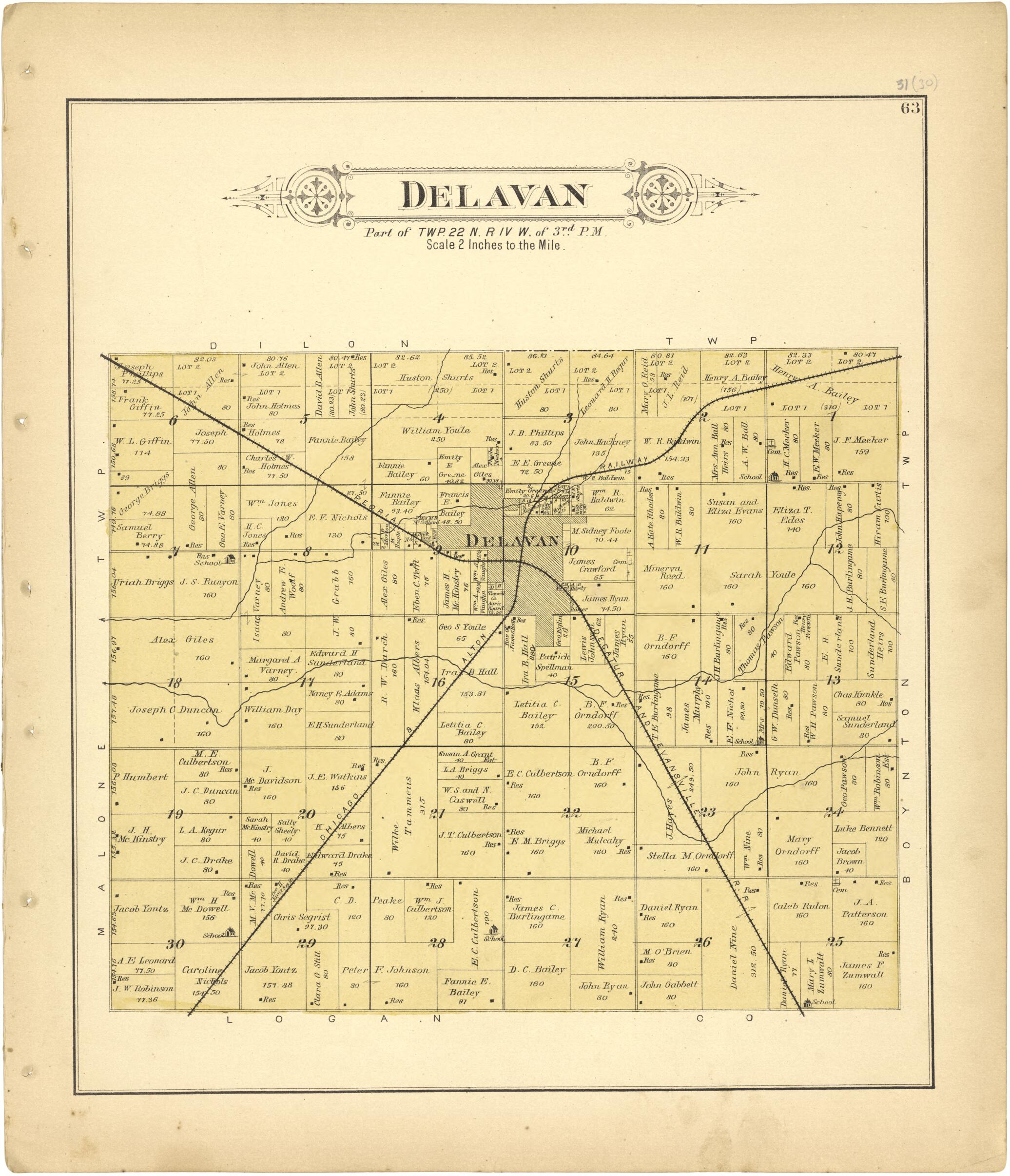This old map of Delavan from Plat Book of Tazewell County, Illinois from 1891 was created by Occidental Publishing Company in 1891