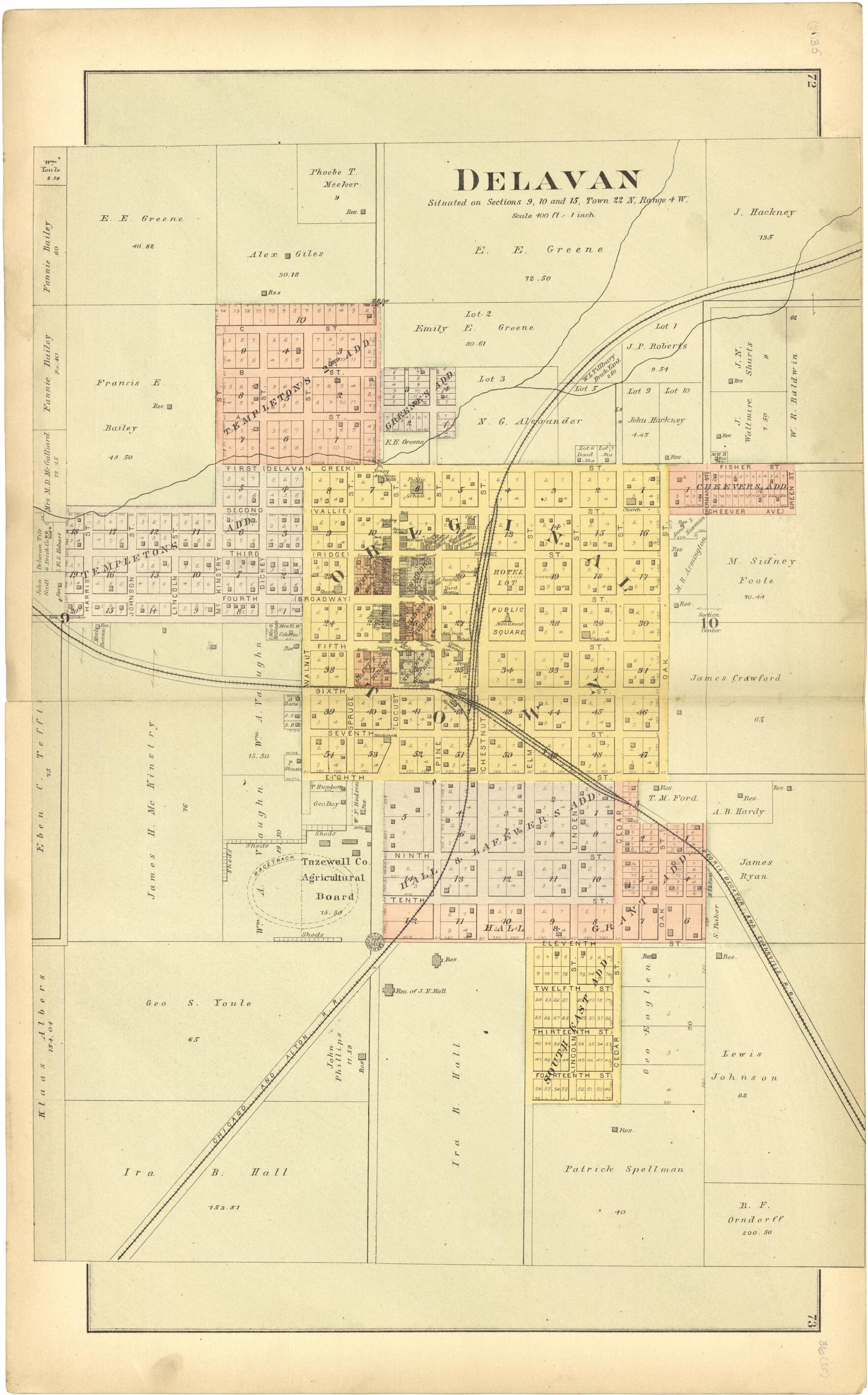 This old map of Delavan from Plat Book of Tazewell County, Illinois from 1891 was created by Occidental Publishing Company in 1891