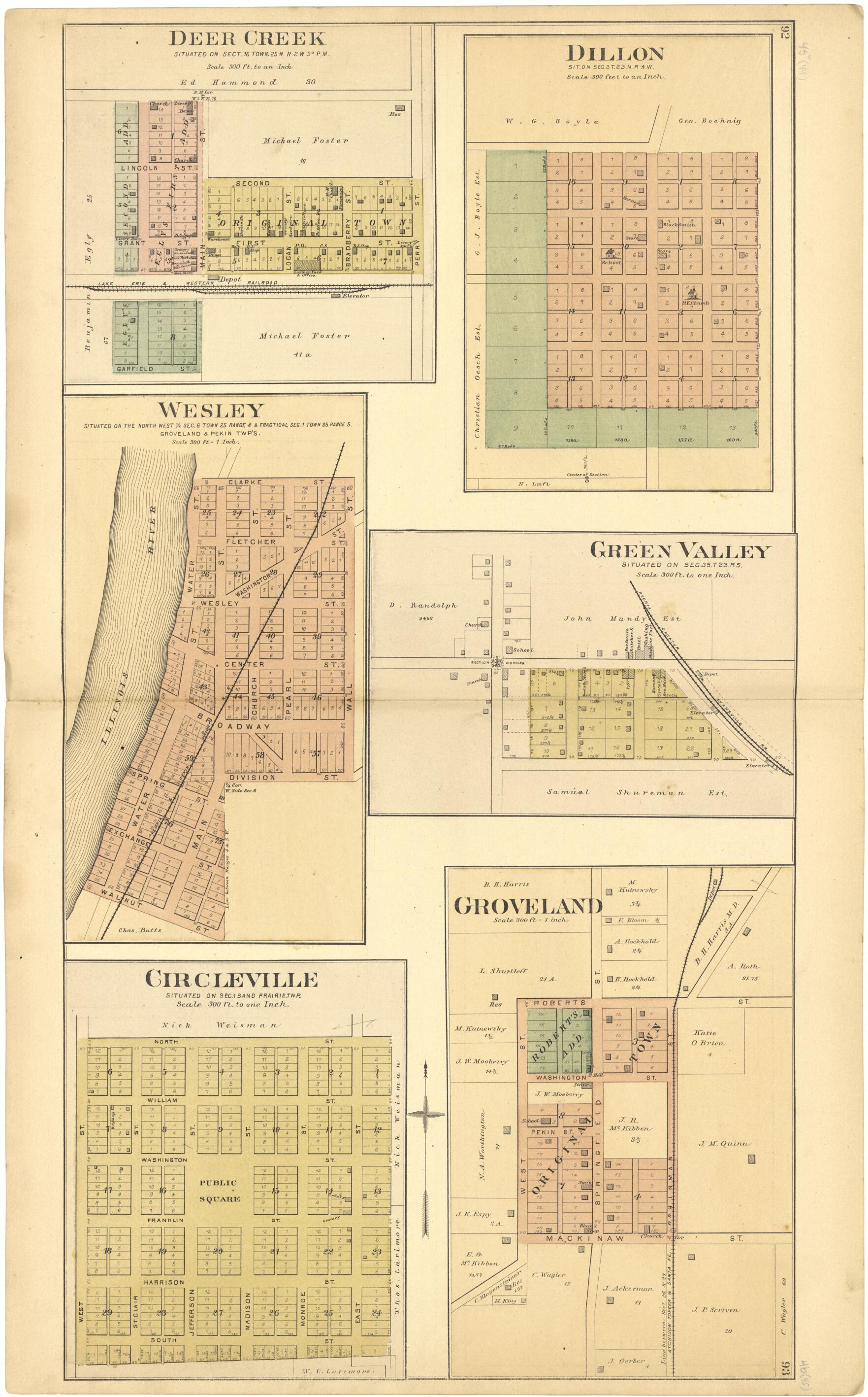 This old map of Deer Creek; Dillon; Wesley; Green Valley; Circleville; Groveland from Plat Book of Tazewell County, Illinois from 1891 was created by Occidental Publishing Company in 1891