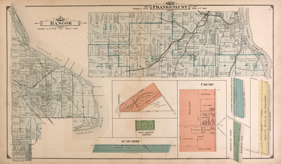 This old map of Bangor and Frankenlust Townships from Atlas of Bay County, Michigan from 1916 was created by Standard Map Company in 1916