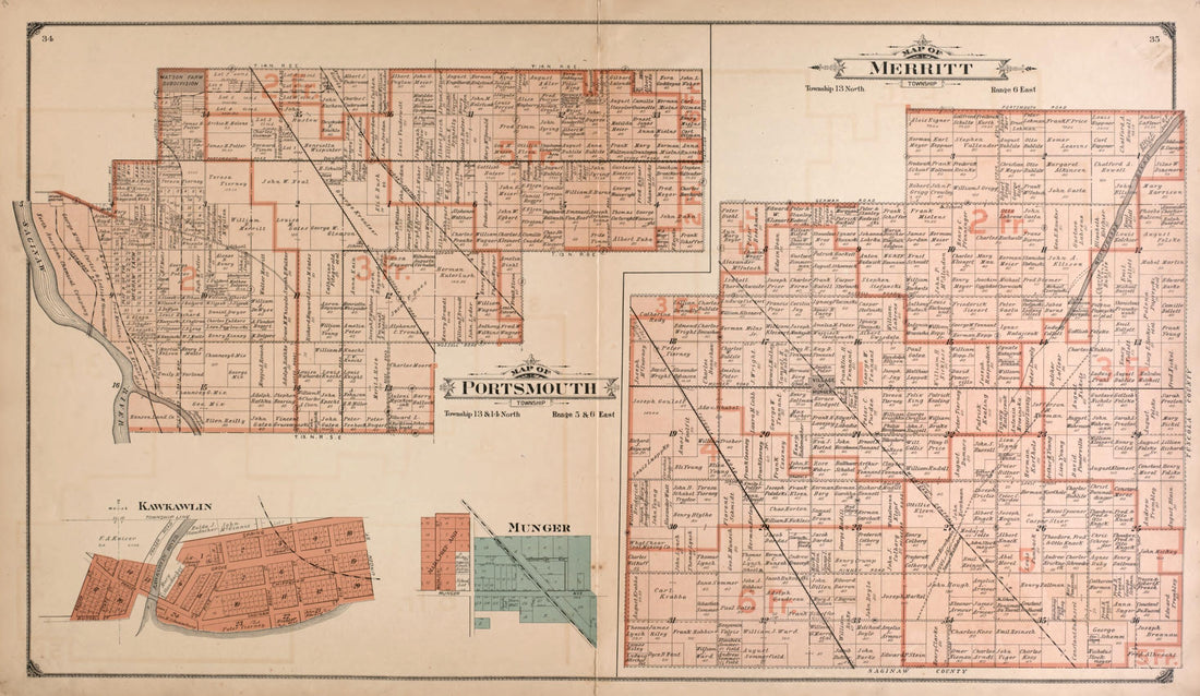 This old map of Portsmouth and Merritt Townships from Atlas of Bay County, Michigan from 1916 was created by Standard Map Company in 1916