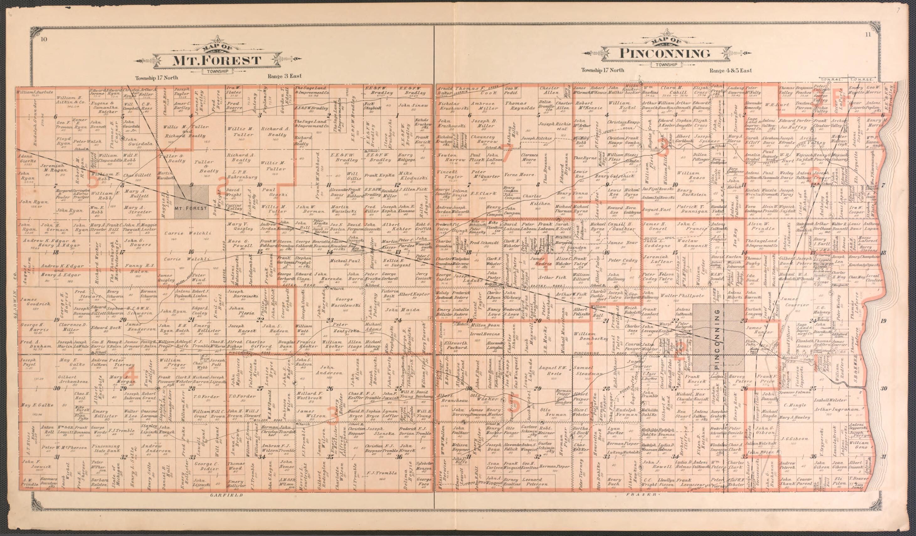 This old map of Mt. Forest and Pinconning Townships from Atlas of Bay County, Michigan from 1916 was created by Standard Map Company in 1916